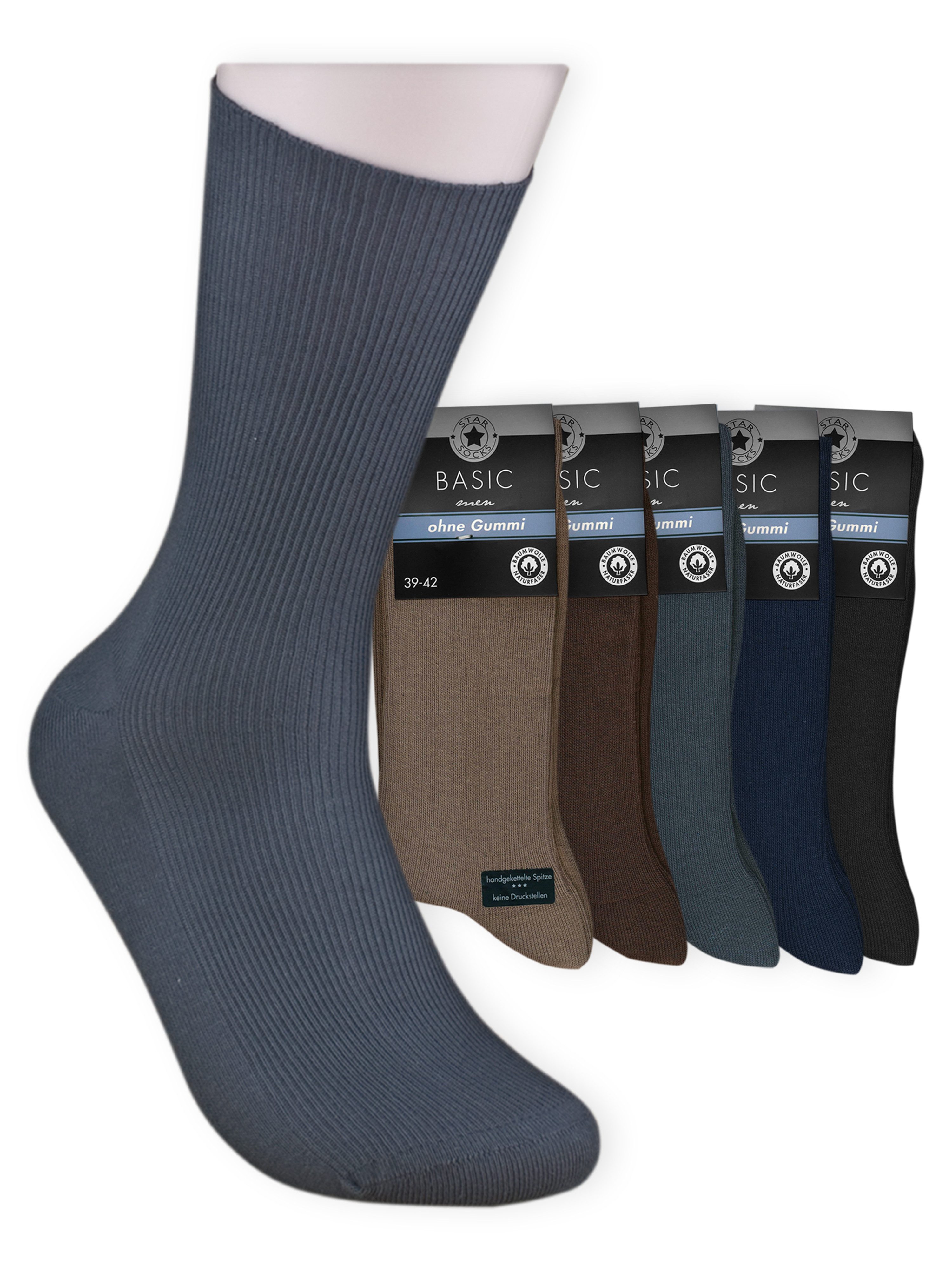 Die Носкиbude Basicsocken BASIC - Herrensocken (Bund, 5-Paar, braun blau schwarz) Diabetikersocken ohne Gummi 100% Baumwolle