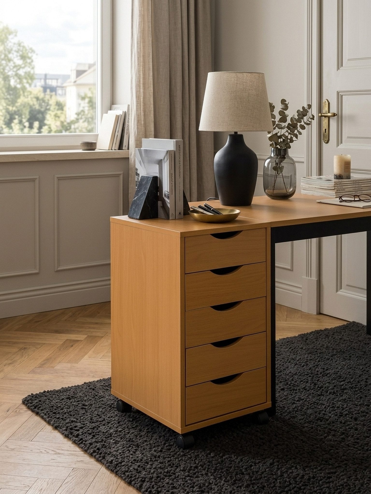 KADIMA DESIGN Rollcontainer Rollcontainer 33x64x38cm Buche MDF-Holz, Bürocontainer, (Moderner Schubladencontainer mit Rollen, Standcontainer), Schreibtisch-Container Rollschrank 5 Schubladen, Beistellcontainer