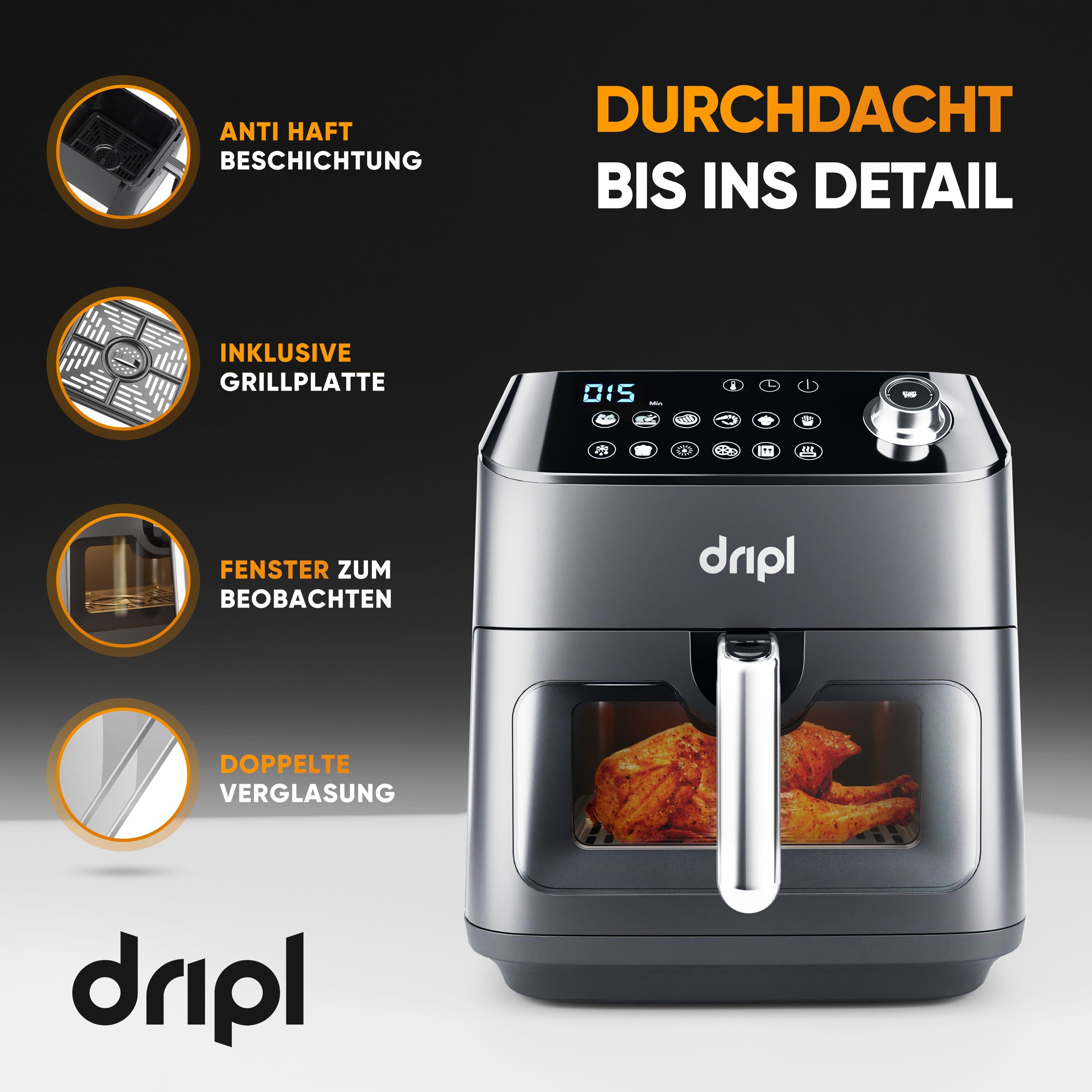 Dripl W Touchscreen, Heißluftfritteuse Heißluftfritteuse 5,7L LCD mit 1350,00