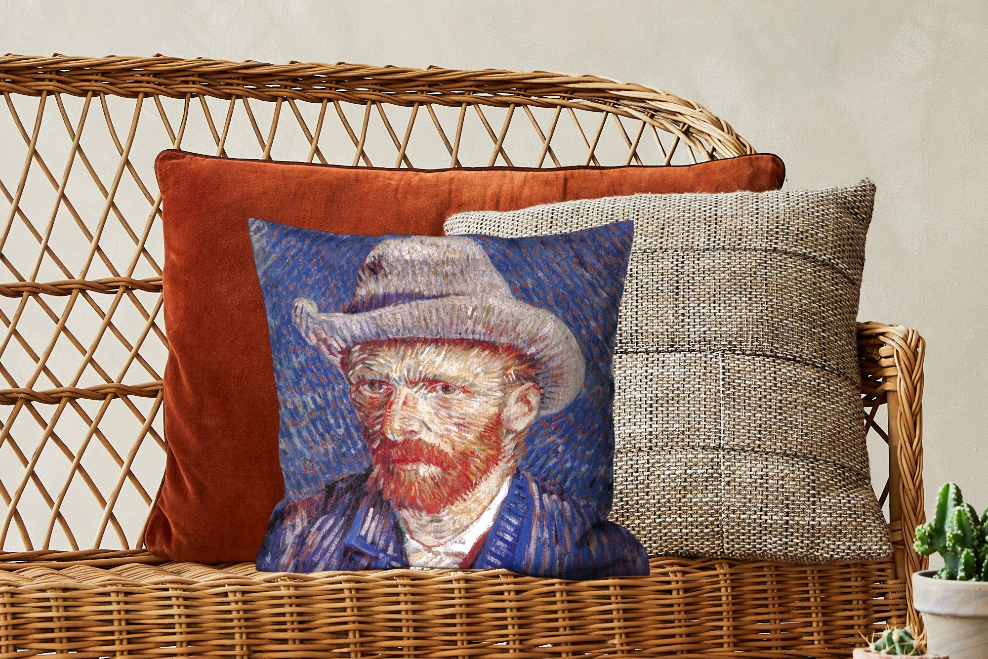 Vincent Füllung Filzhut Selbstbildnis MuchoWow Gogh, für grauem - Zierkissen mit Deko, van Wohzimmer, mit Schlafzimmer, Sofakissen Dekokissen