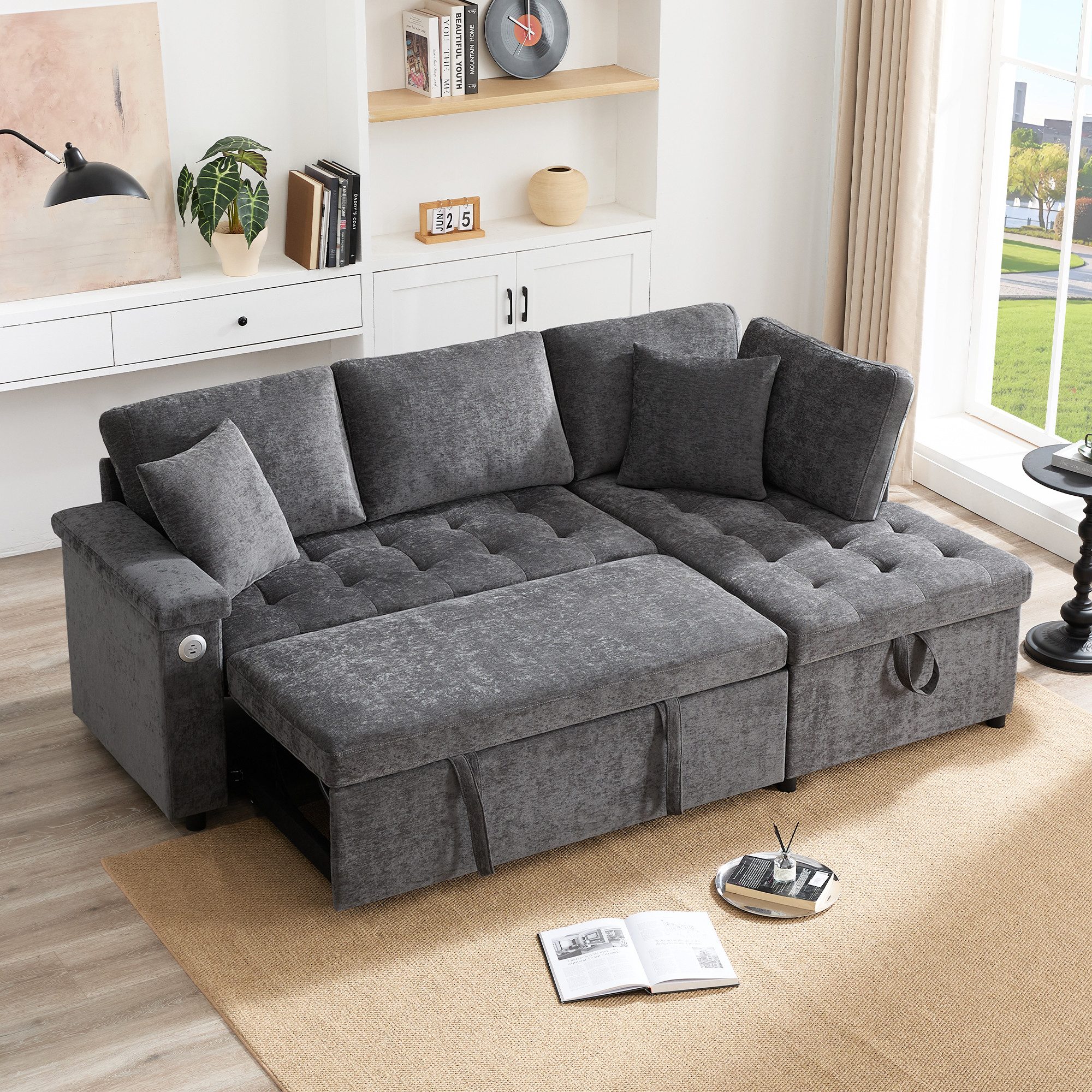 Odikalo 3-Sitzer Schlafsofa L-Sofa mit ausziehbarem, mit Schlaffunktion, Stauraum, USB-Ladegerät, Armlehnenablage und 2 Kissen, geeignet für Wohnzimmer etc, mit Relaxfunktion