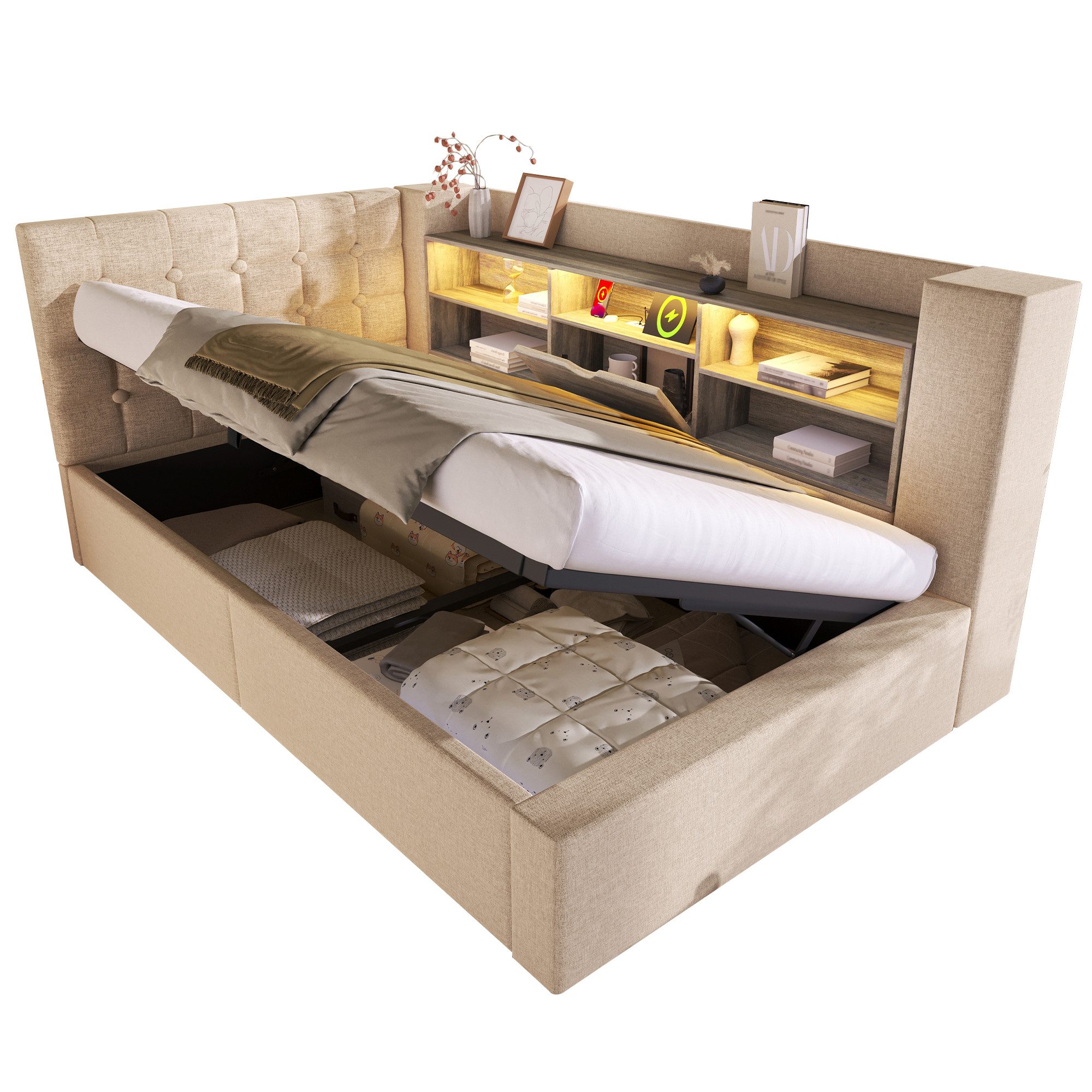 Ulife Polsterbett 140×200cm&weitere Größen mit Bettkasten, LED, hydraulischem Stauraum (1-tlg., Ohne Matratze), L-förmigem Kopfteil beidseitig montierbar, Kinde – Bild 3 von 5