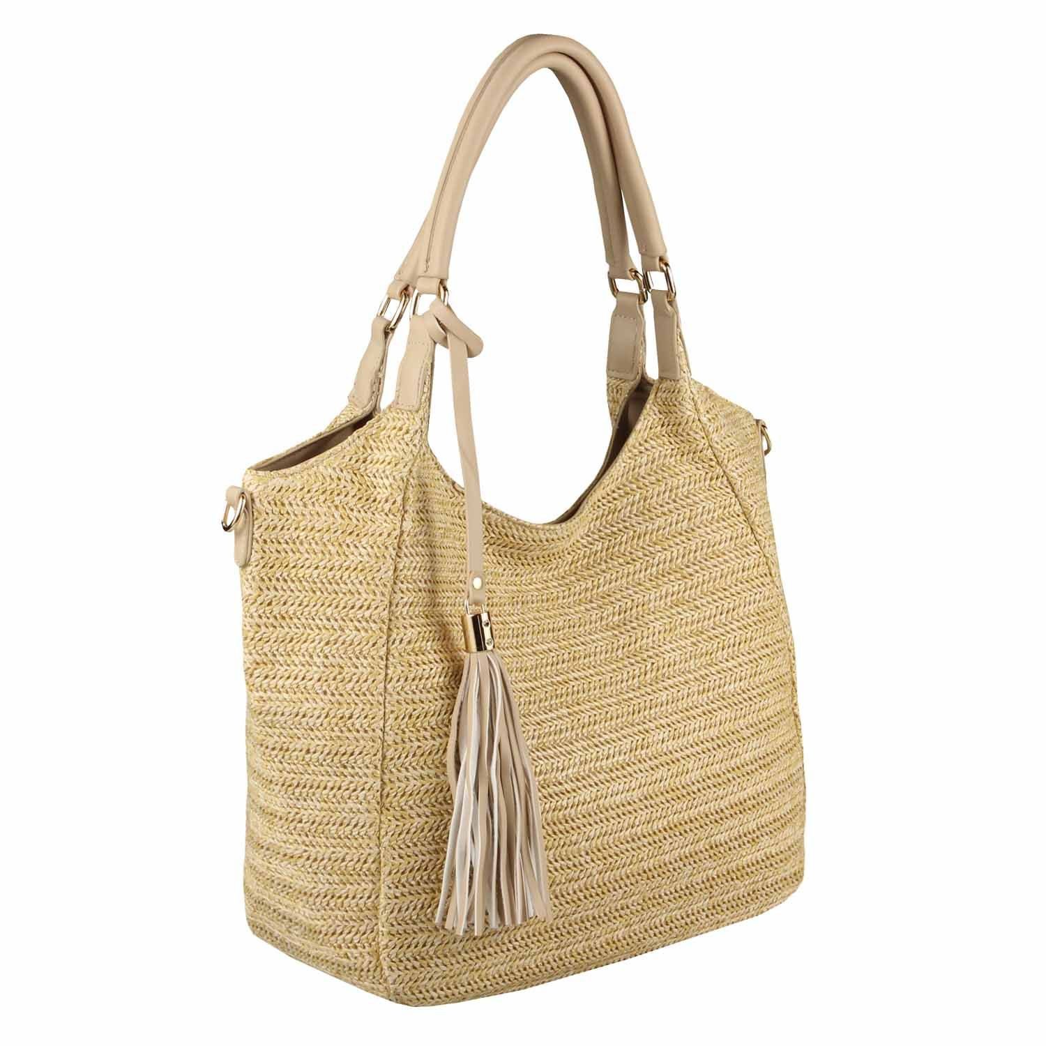 ITALYSHOP24 Schultertasche DAMEN TASCHE Strohtasche Shopper Tote Geflecht Häkeltasche Weekender, Boho Beuteltasche Leder Optik Sommer Basttasche Hobo Strand Urlaub