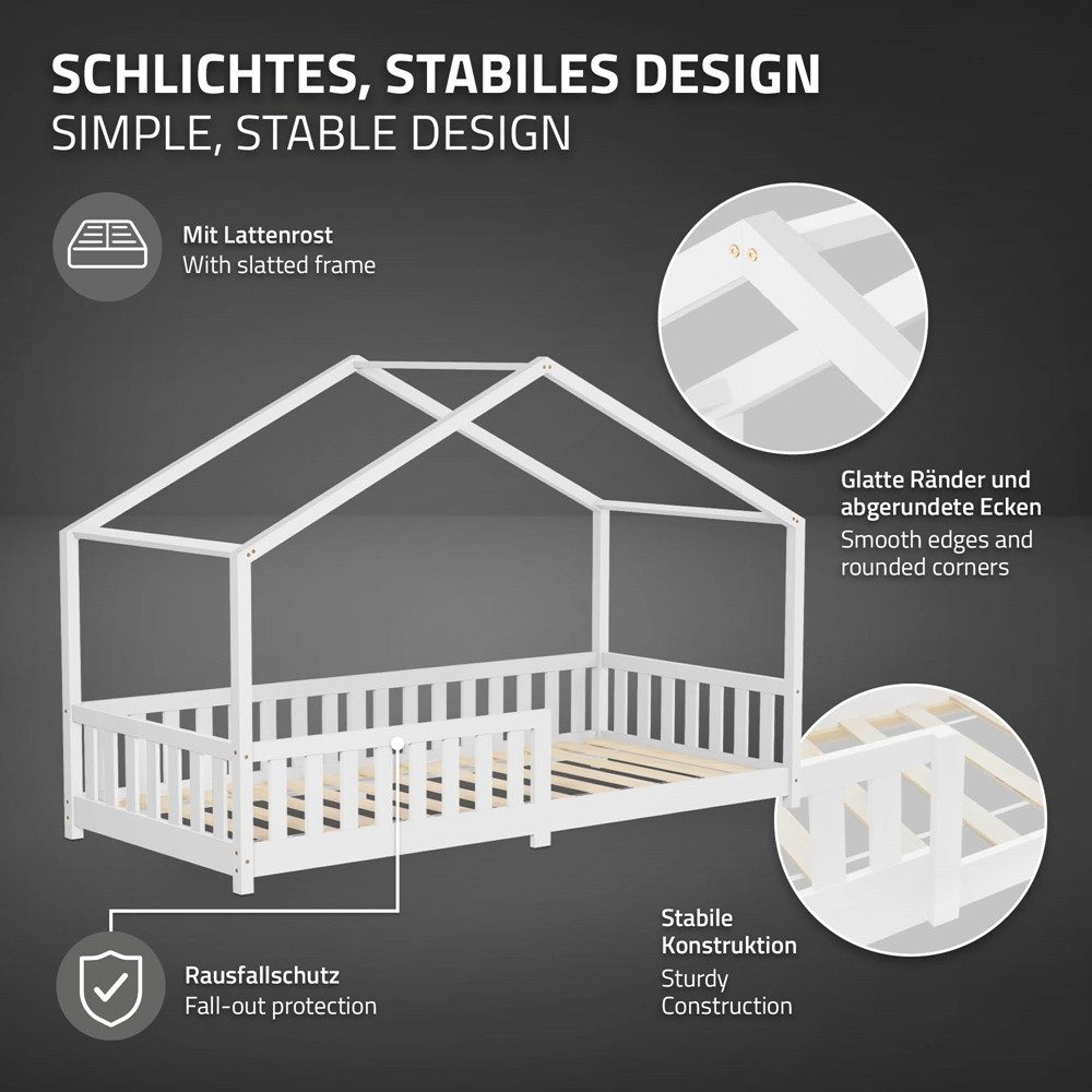 ML-DESIGN Spielbett Hausbett Kinderbett inkl. Lattenrost & Rausfallschutz Kinder Bodenbett, Abenteuerbett 90x200cm mit Matratze Himmelbett Kiefer Jugendbett Wei – Bild 4 von 5