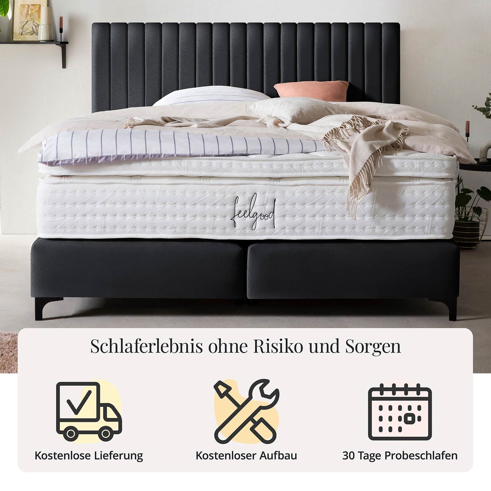 Boxspringbett 200 Samt, x Schwarz BettCo (in Topper, Paris cm), optionaler Schwarze Pfeifensteppung 140 + Metallfüße Design