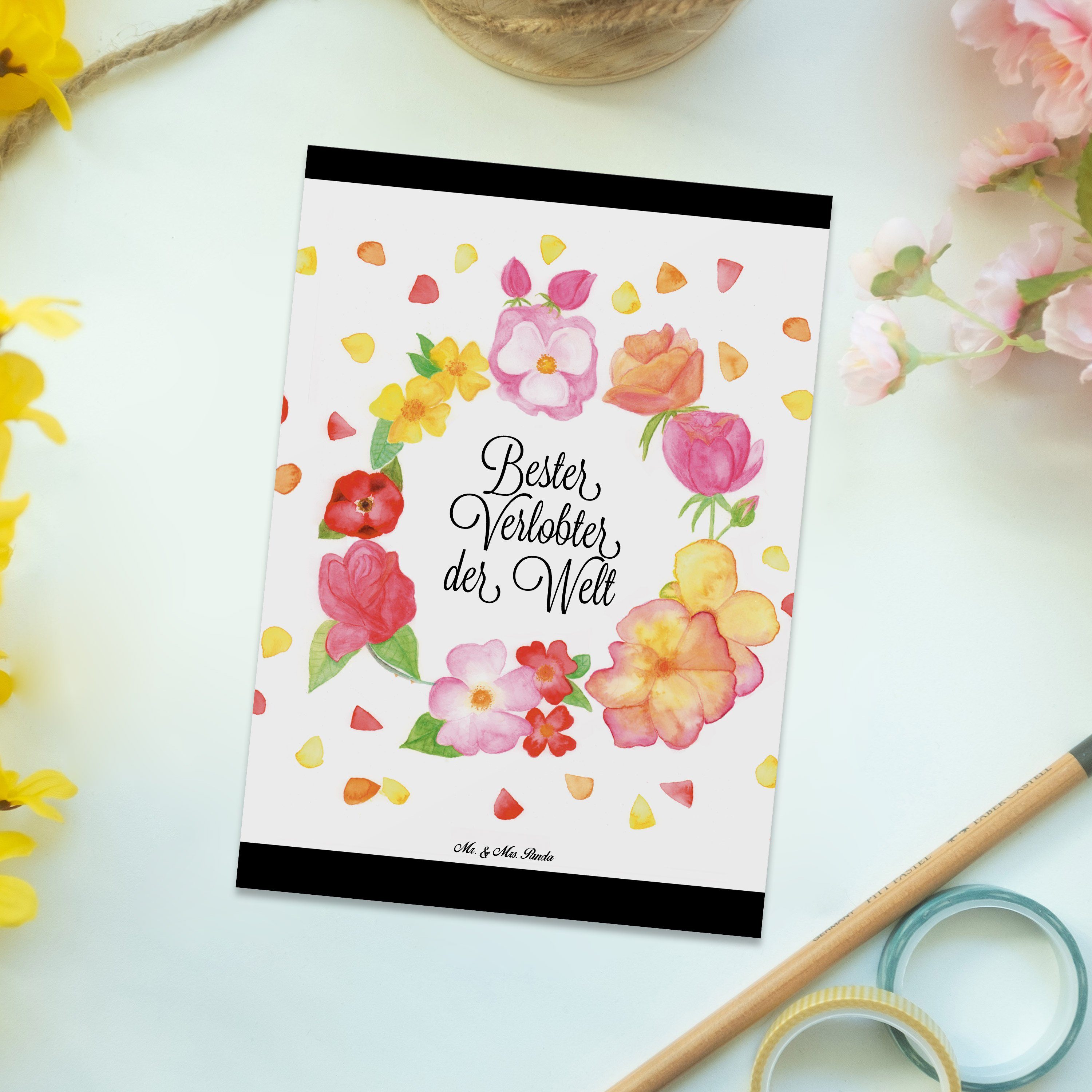 E - Blumen Panda Flower, Mrs. Geschenk, Traummann, Weiß & Liebe Karte, Postkarte Mr. Verlobter -
