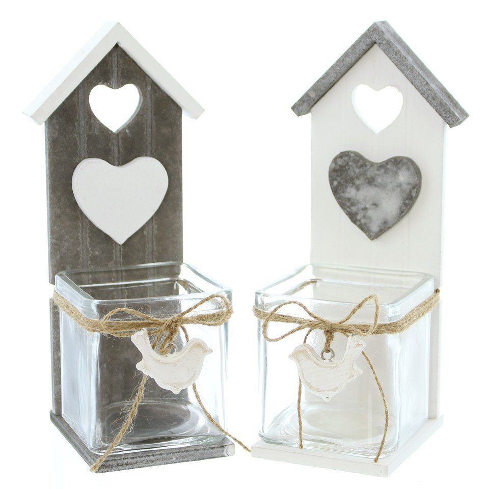 Teelichthalter Teelichthalter Vogelhäuschen aus Glas und Holz, 2er Set