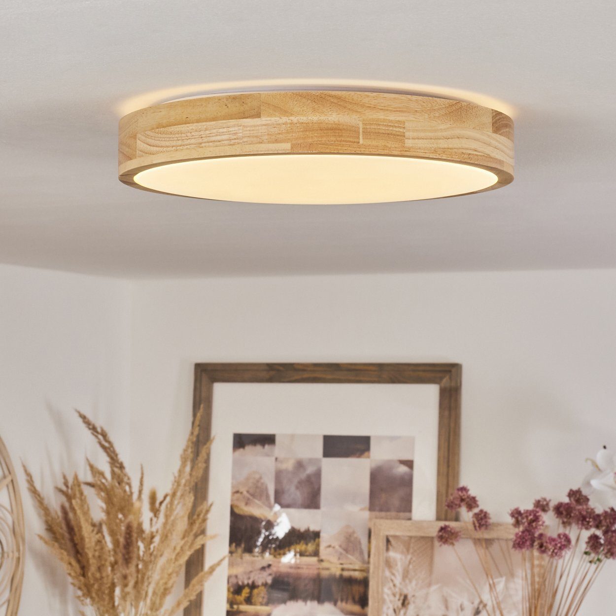 dimmbar, Lichtschalter Deckenleuchte 14 Watt, modern, hofstein über 4500 Ø34cm, in »Aeolians« aus runde Metall/Kunststoff/Holz Natur/Weiß, Kelvin, Lumen 1300 Deckenlampe 1xLED