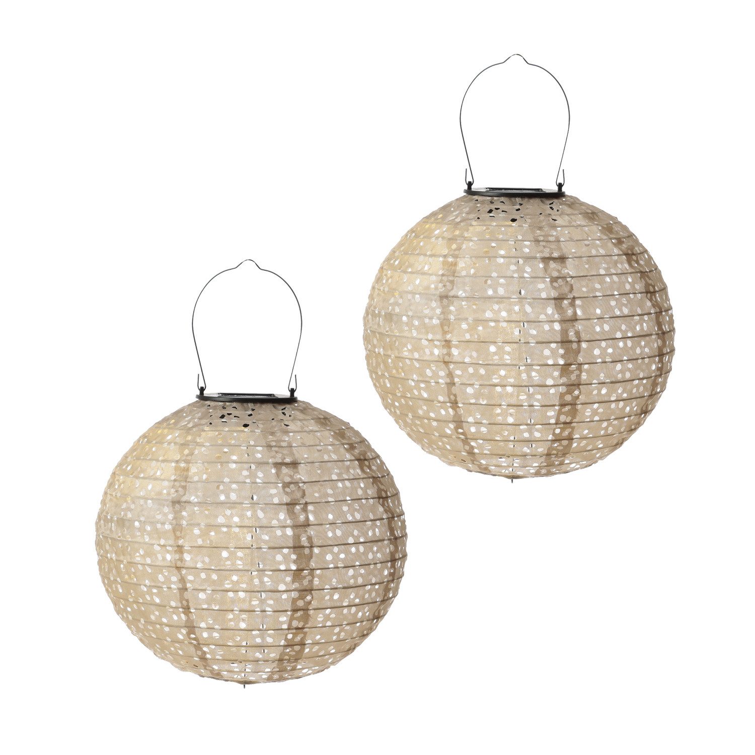 MARELIDA LED Lampion Solar Gartenlampions Blumenmuster beige 25cm Balkon Terrasse 2 Stück, LED Classic, warmweiß (2100K bis 3000K)