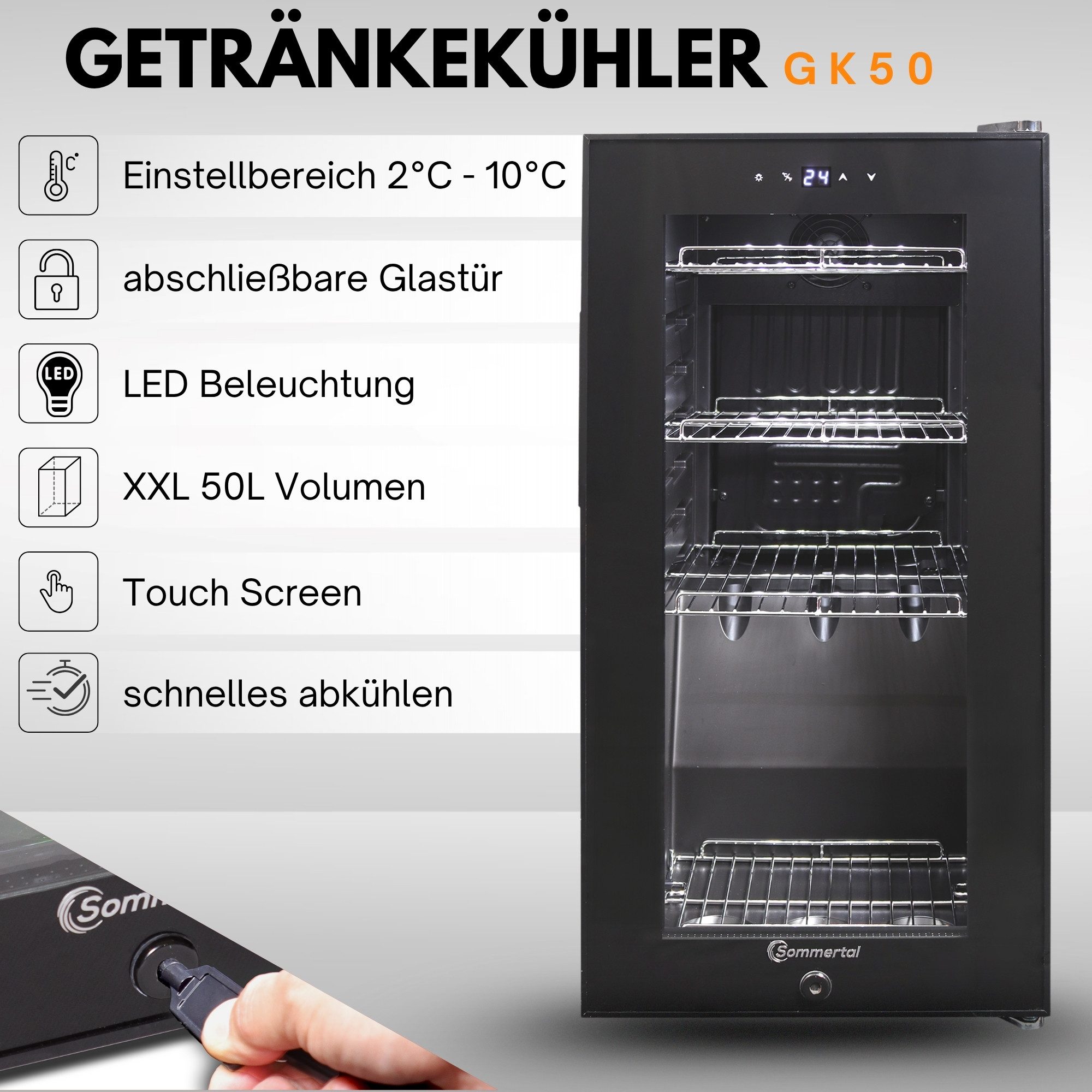 Sommertal Getränkekühlschrank GK50, 70 cm hoch, 35 cm breit, Touchscreen & Schloss kleiner Flaschenkühlschrank schwarz 50L