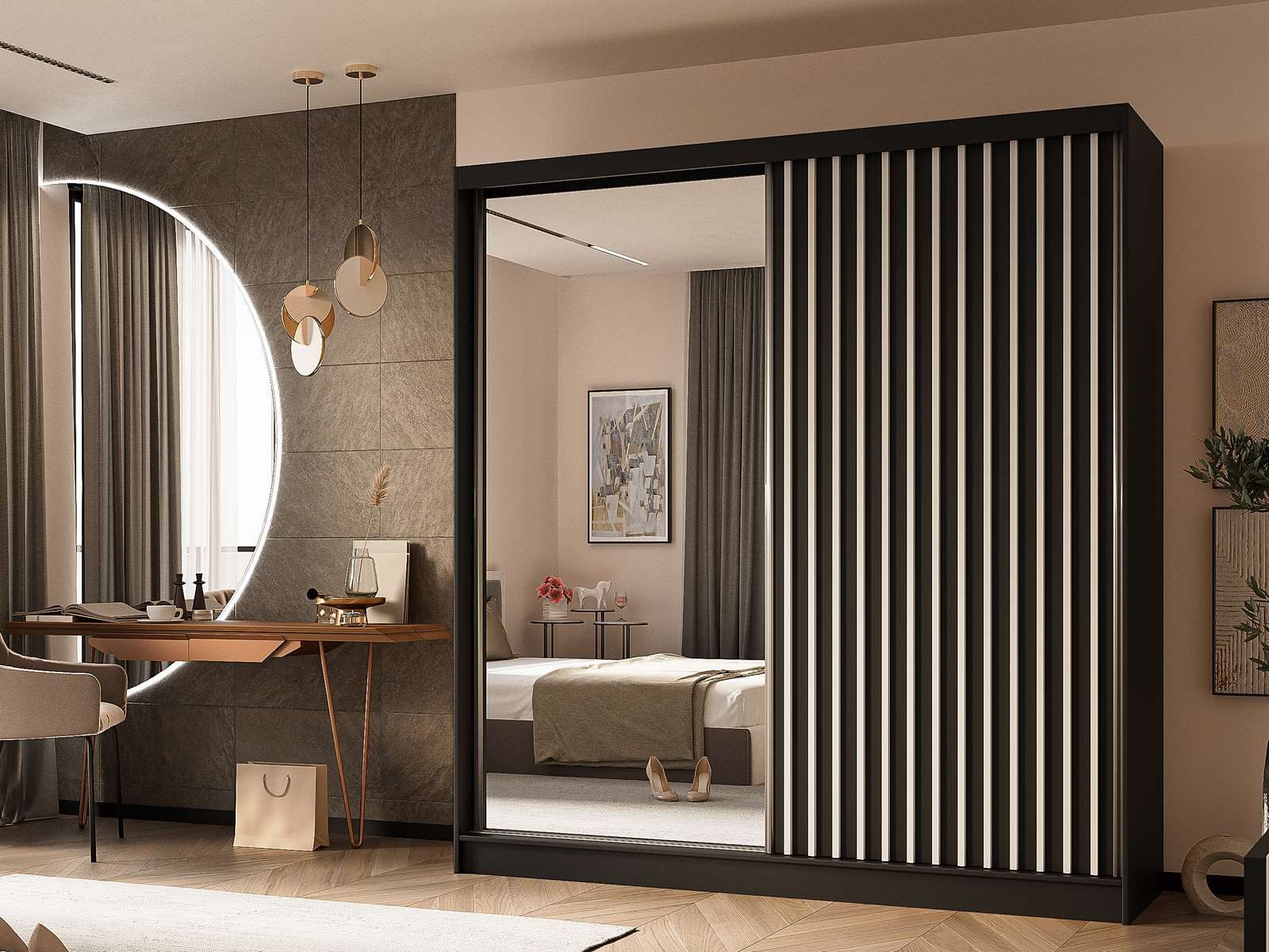 Compleo Schwebetürenschrank VENTURA Modische Garderobe mit Lamellen, Breite: 200 cm