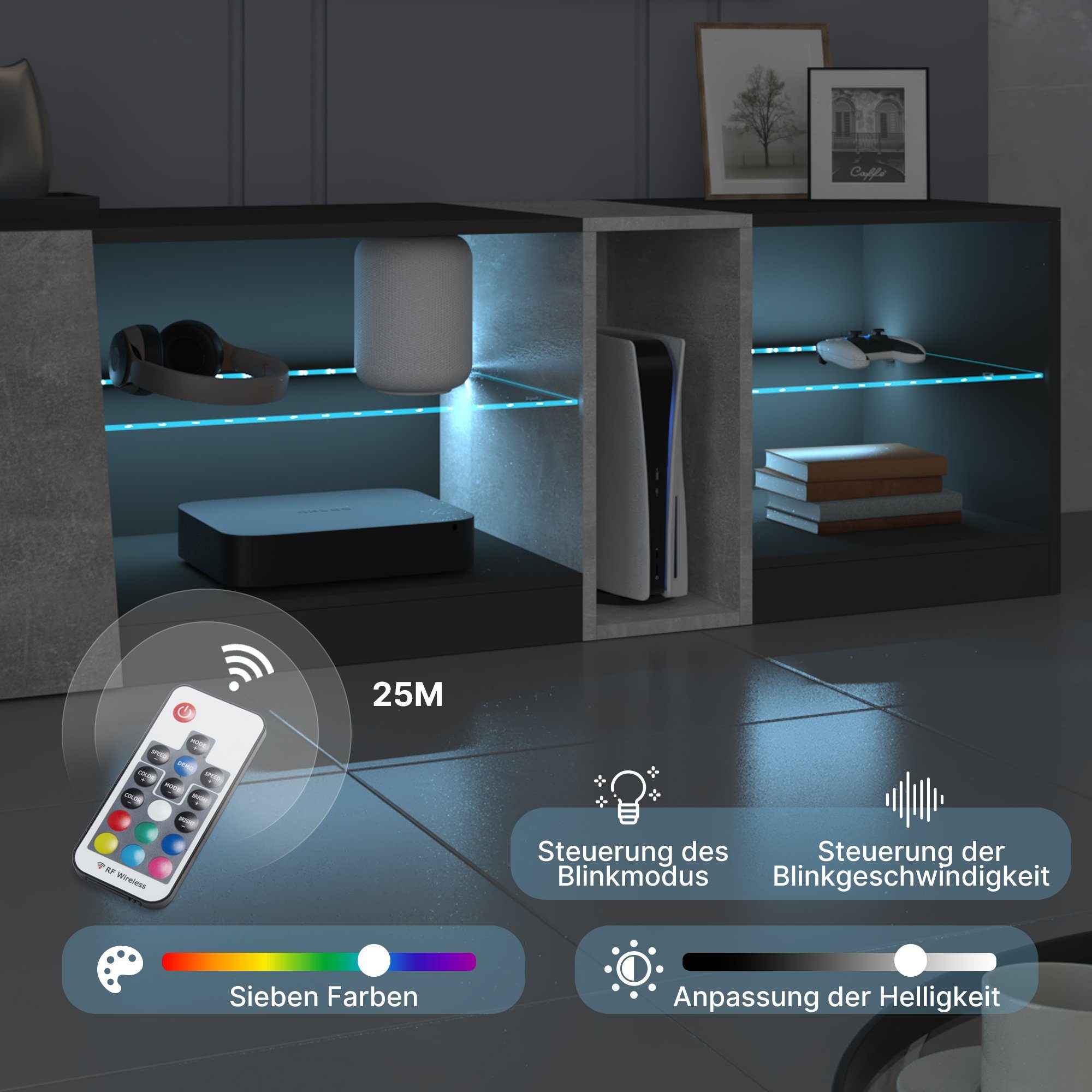 Mondeer Lowboard LED TV-Schrank, Breite 140cm mit 5 offenen Fächern und 1 Tür, Schwarz und Grau