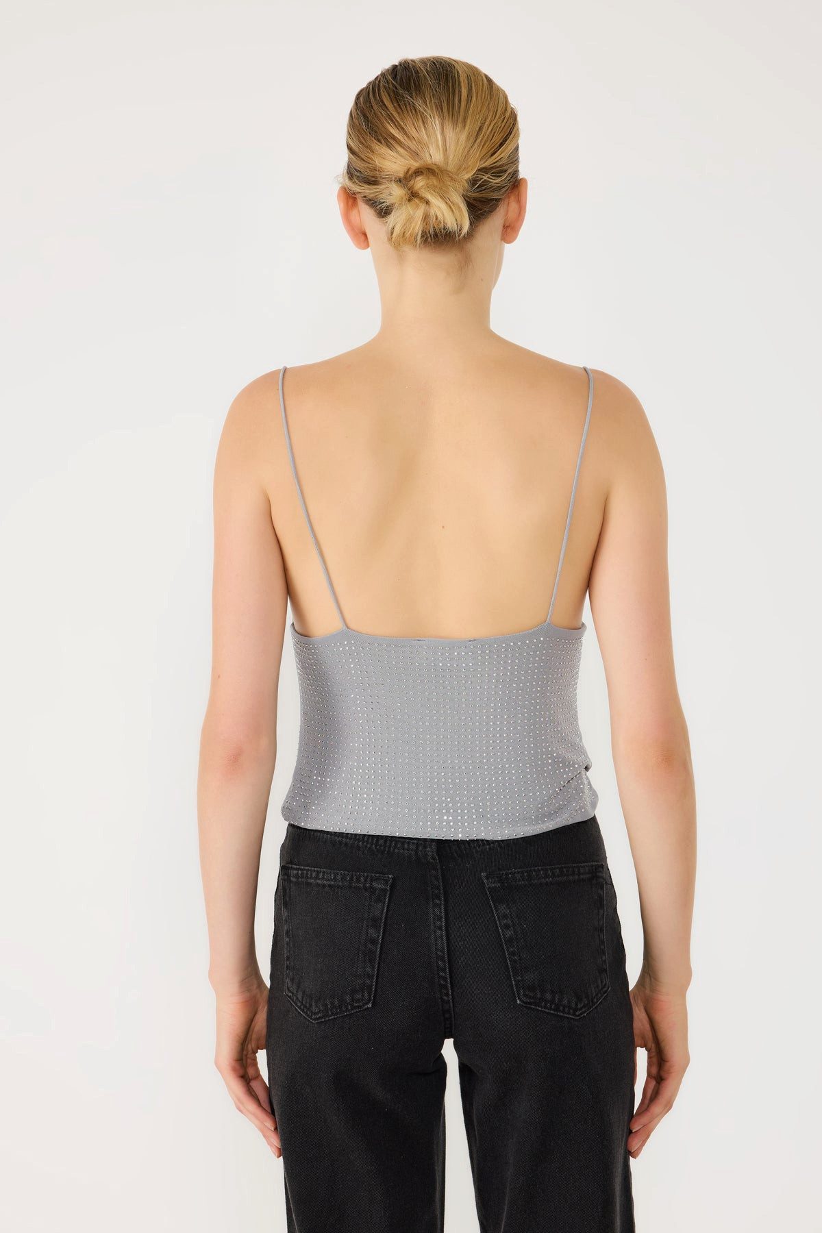 No Matter What Blusentop Top-Body mit tiefem Ausschnitt und Steinverzierungen