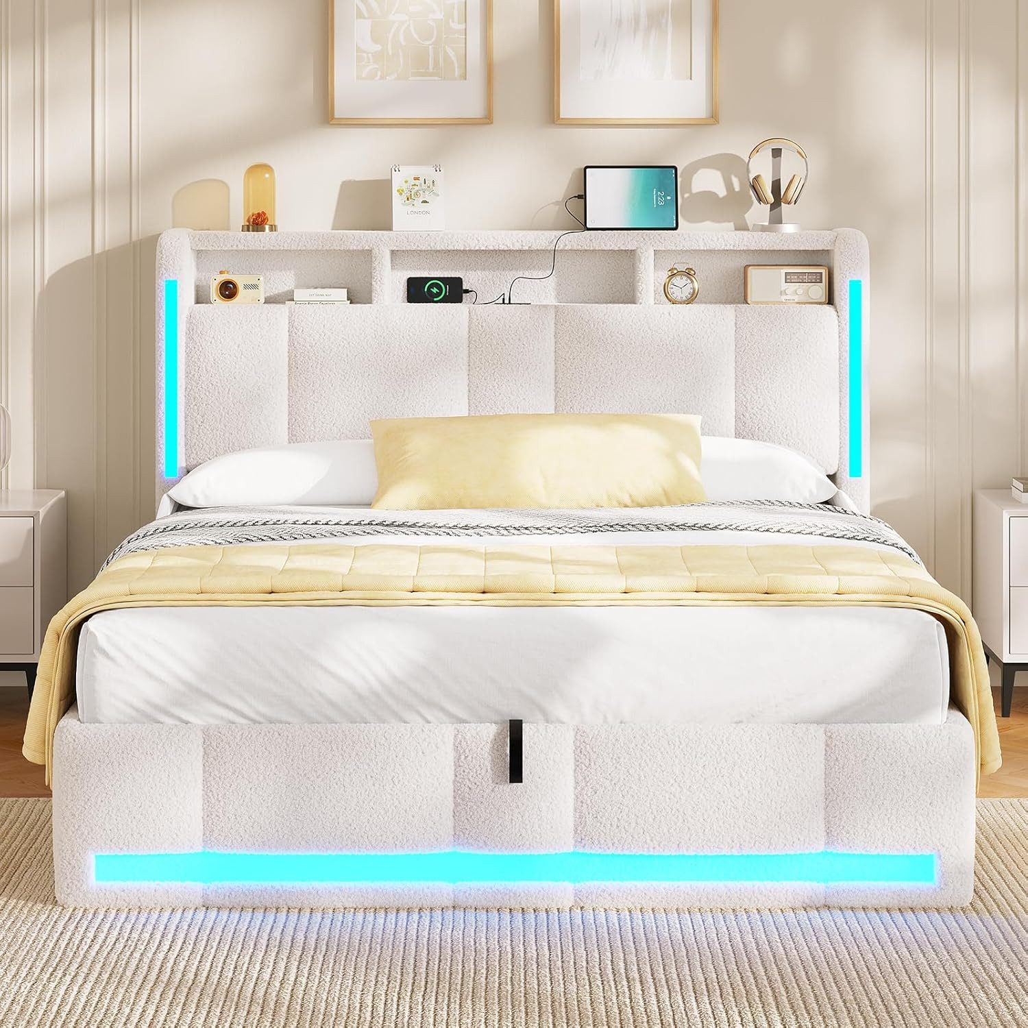 MSMASK Polsterbett 140×200cm, Doppelbett mit Steckdosen & LED Beleuchtung, Beige, mit Stauraum und Kopfteil, Ohne Matratze