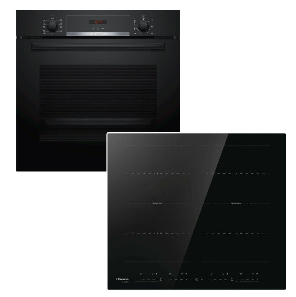 BOSCH Backofen-Set Backofen Teleskopauszug + Hisense Induktionskochfeld FlexZone Booster, mit 1-fach Teilauszug, Hydrolyse EcoClean Direct