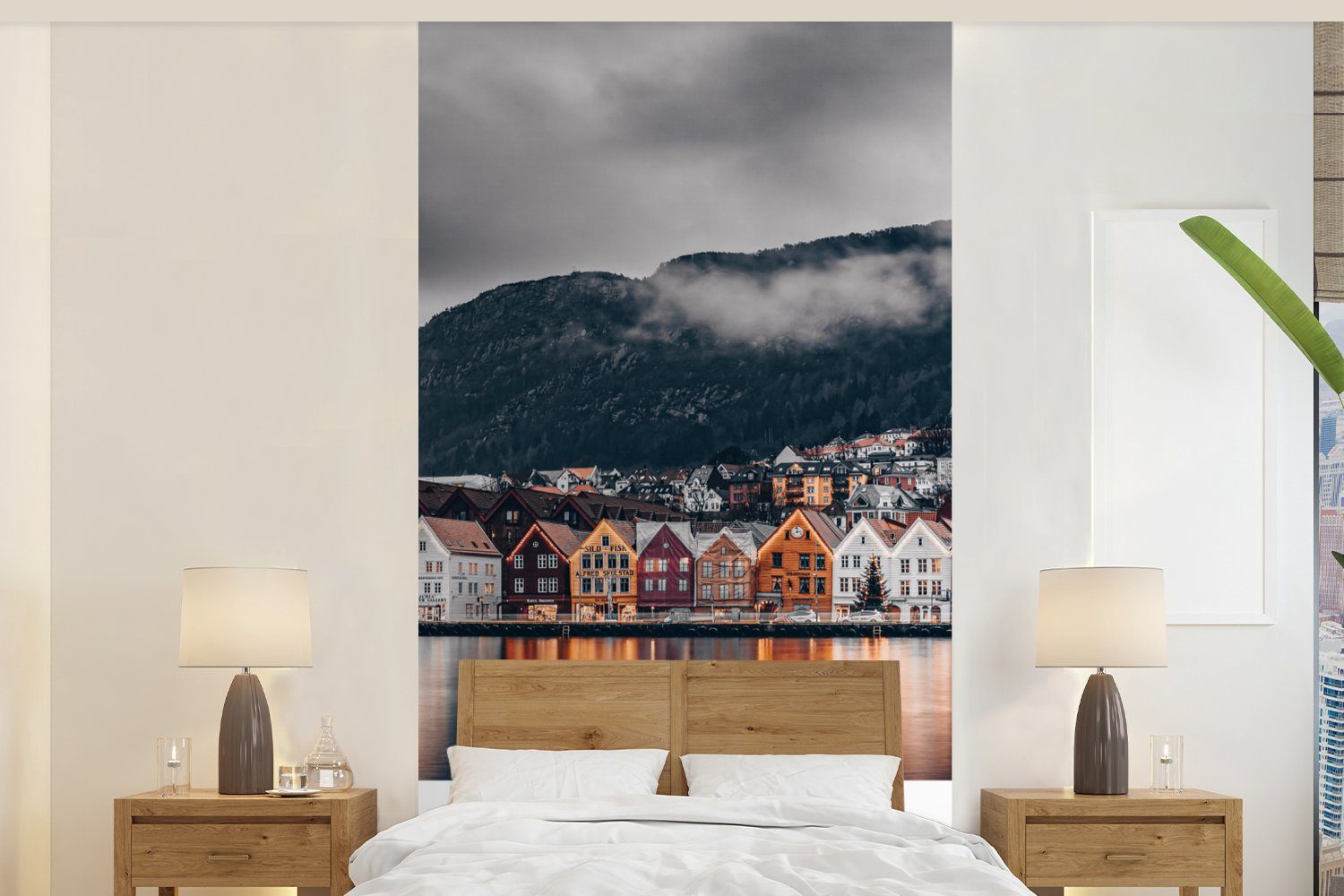 MuchoWow Fototapete Norwegen - Skandinavien bedruckt, - - Fototapete Schlafzimmer Vliestapete (2 Winter, Bergen für Wohnzimmer Küche, St), Matt
