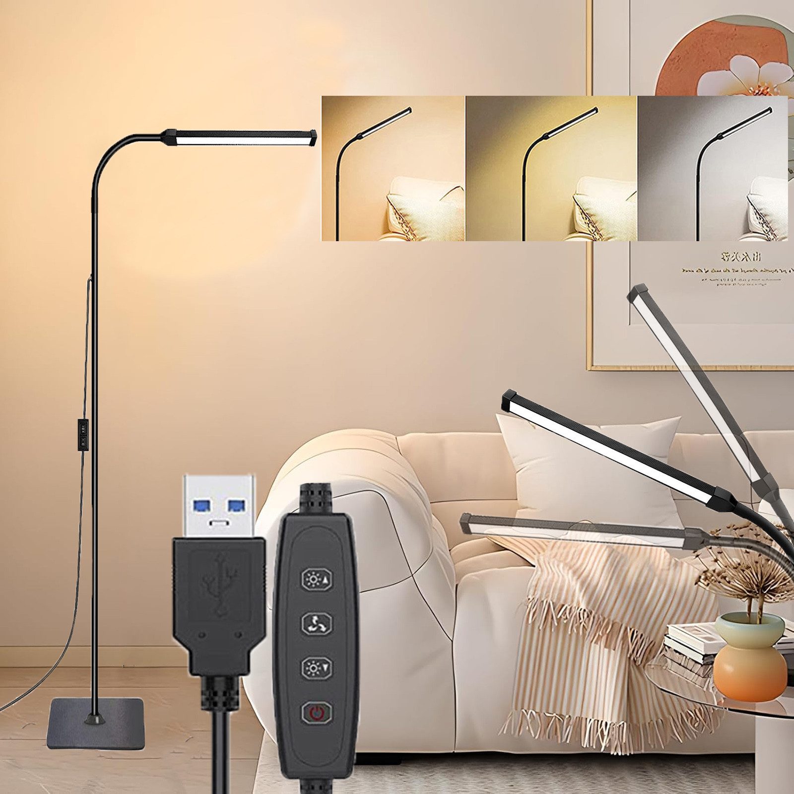Jibenhome LED Leselampe Stehlampe Wohnzimmer 10W USB Stehleuchte, 10 %–100 günstig online kaufen