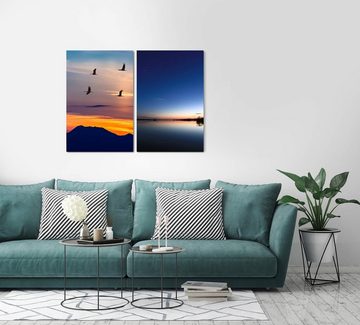 Sinus Art Leinwandbild 2 Bilder je 60x90cm Kraniche Vögel Berge Japan See Sonnenuntergang Fliegen