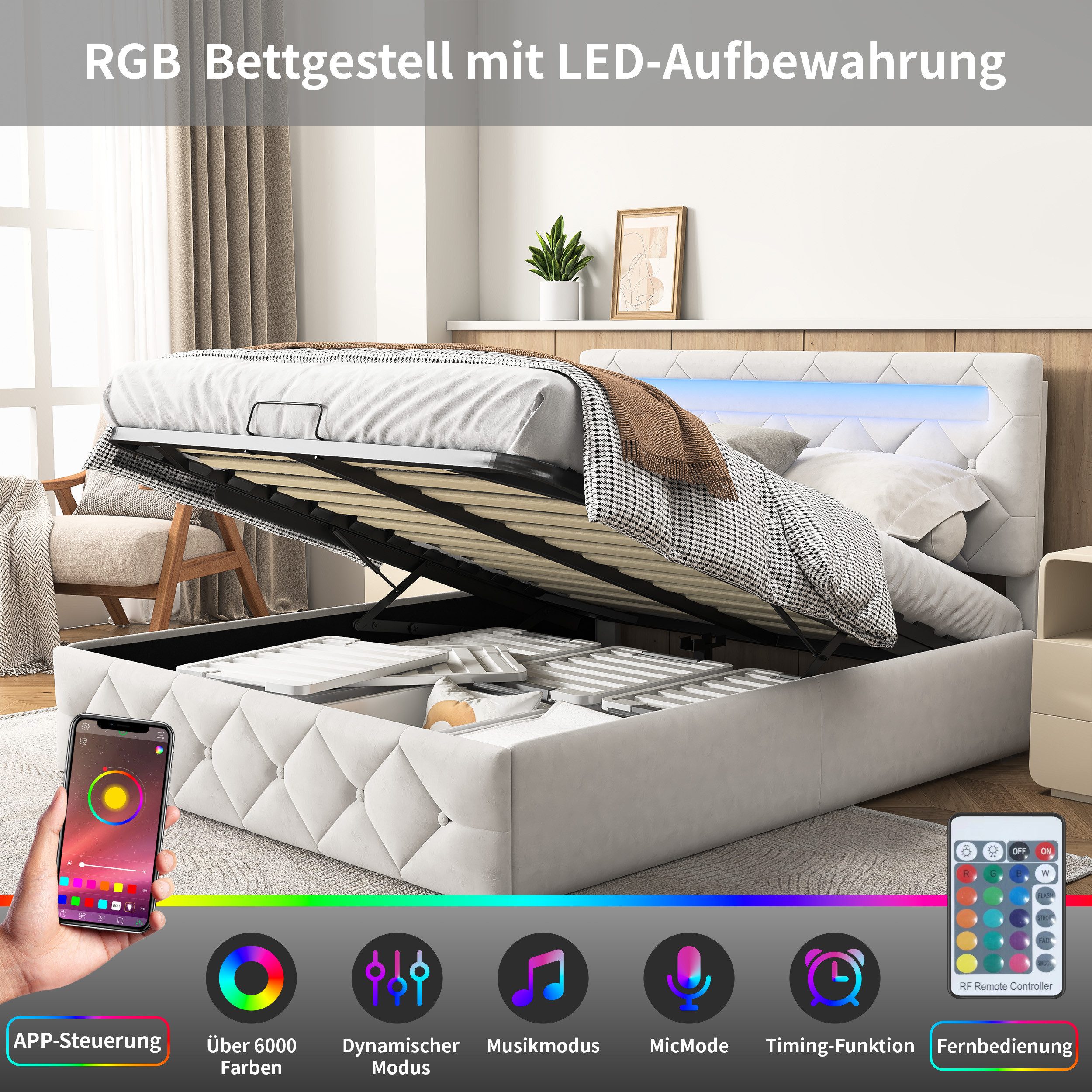 ADWOLT Polsterbett LED Hydraulisches Stauraumbett Doppelbett Samt, (Set, 1-tlg., Verstellbare Kopfteilhöhe), 160x200cm Beige