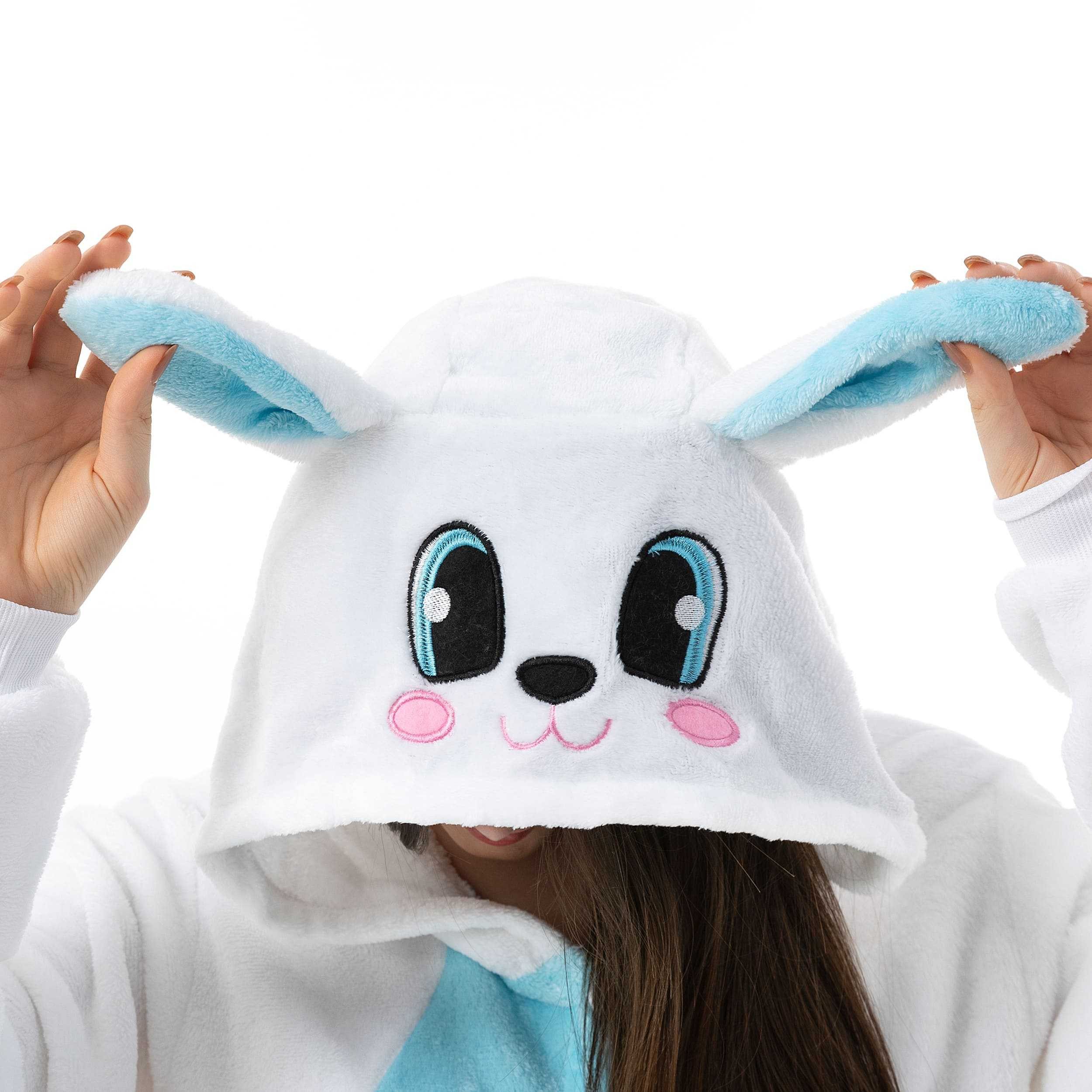 Katara Partyanzug Bauernhoftiere Jumpsuit Kostüm für Erwachsene S-XL, Karneval - Kostüm, Kigurumi - Hase blau-weiß XL (175-185cm)