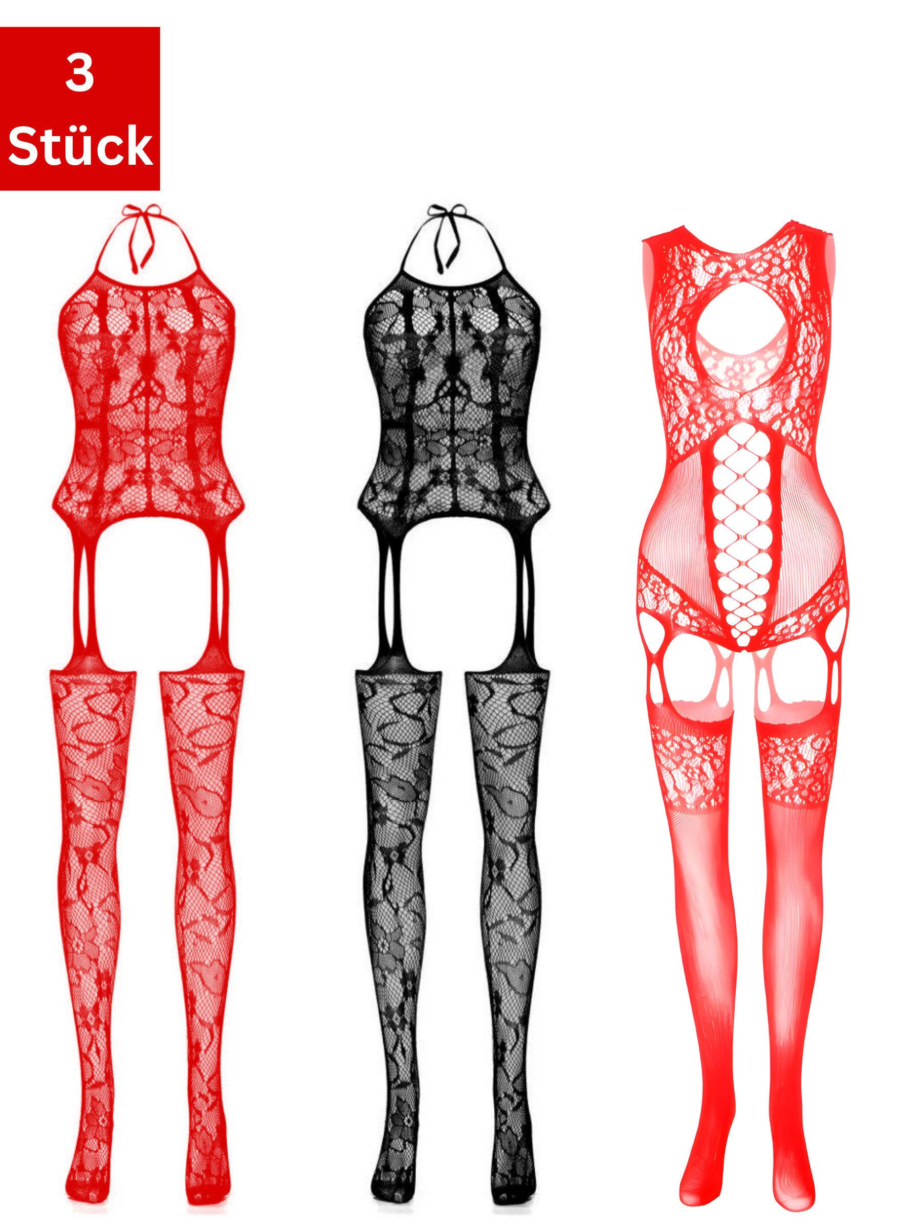 Elegant Love Bodystocking-Ouvert Netz-Catsuit für Damen – Strumpfbody Reizwäsche mit offenem Schritt (Packung 3 St. 3er-Pack) Lingerie mit Ouvert-Details – Elegante Dessous in Einheitsgröße (S–XL)