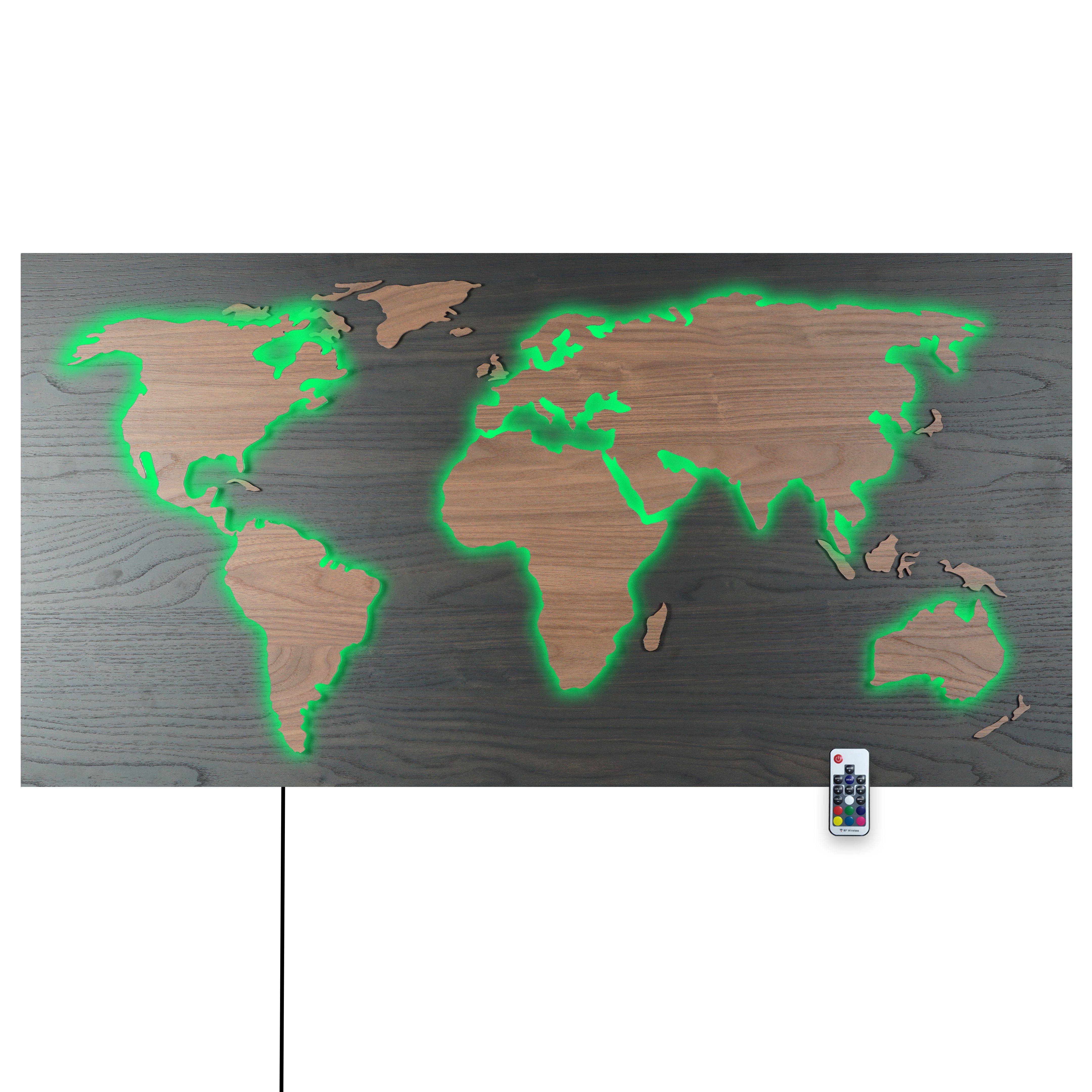 RGB Kontinente umleuchtet - Weltkarte LUX LEDs Fernbedienung 3D-Lichtbild, über Walnuss mit HOLZ-Optik Walnuss Schwarz, ZENLED Rückplatte Wanddekoobjekt MAPPA Rustikale Deko Braun bunt steuerbaren Länder 110x57cm