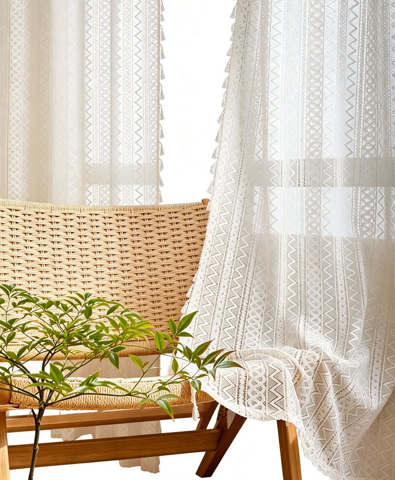 Agger Gardine Vintage-Häkelspitzen-Gardine, Boho-Fransen-Vorhang, Wellenförmiger Ösenvorhang aus Voile für Wohnzimmer und Schlafzimmer