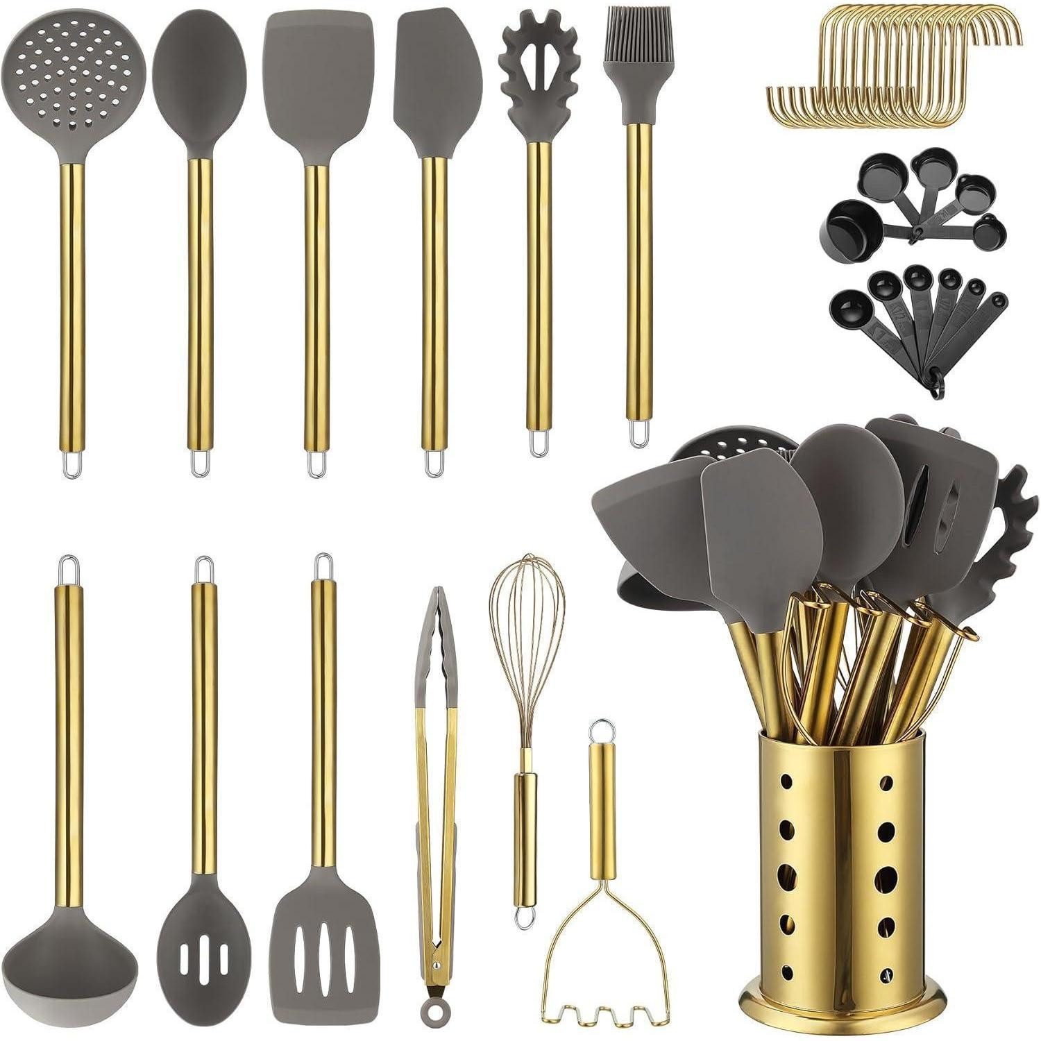 LuxusKollektion Kochbesteck-Set Küchenutensilien Set 38 teilig Antihaft-Silikon Edelstahl