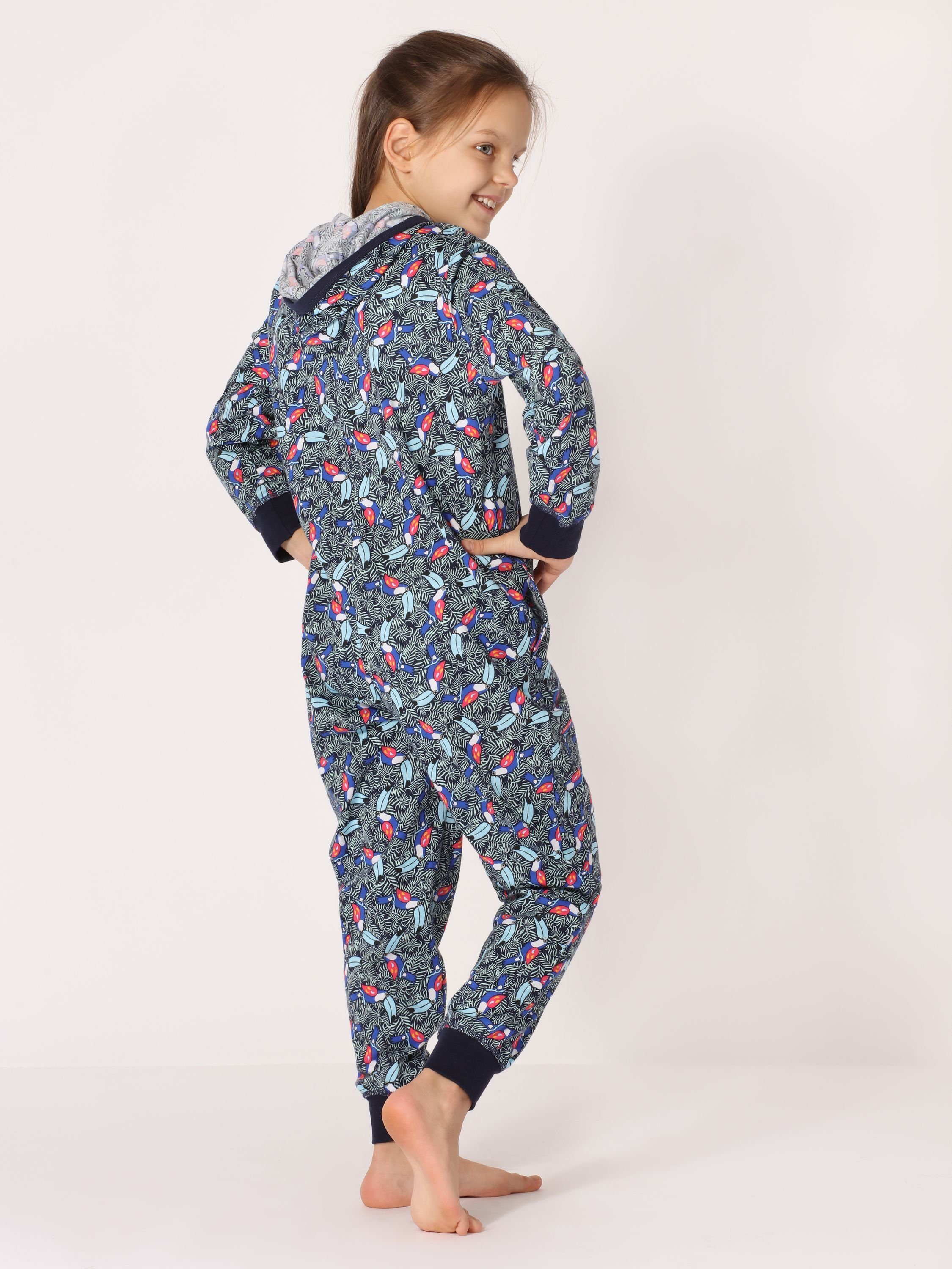 Schlafoverall Marineblau Mädchen Merry MS10-223 Kapuze Schlafanzug mit Tukan Style