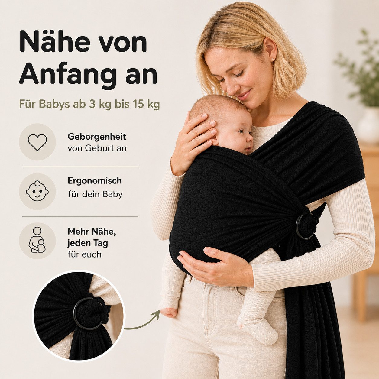 SKY & ZEN Tragetuch Baby Neugeborene - Babytragetuch ohne binden, Babytrage ab Geburt bis 15 Kilo, elastisches Tragetuch
