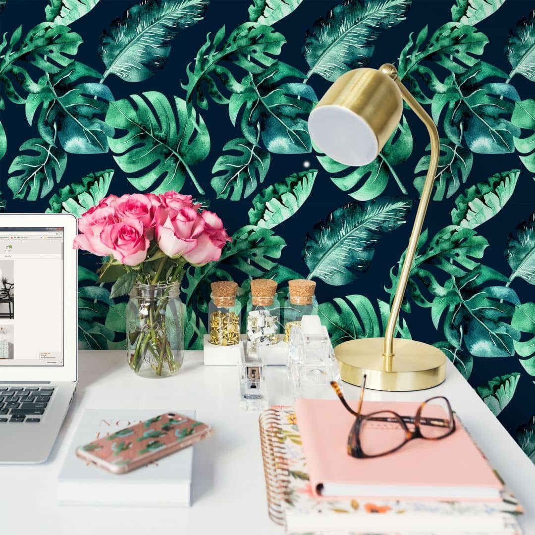 K&L Wall Art Mustertapete Schlafzimmer Pflanzen Dschungel Vliestapete Regenwald Monstera schwarz, Dschungelpflanzen Tapete