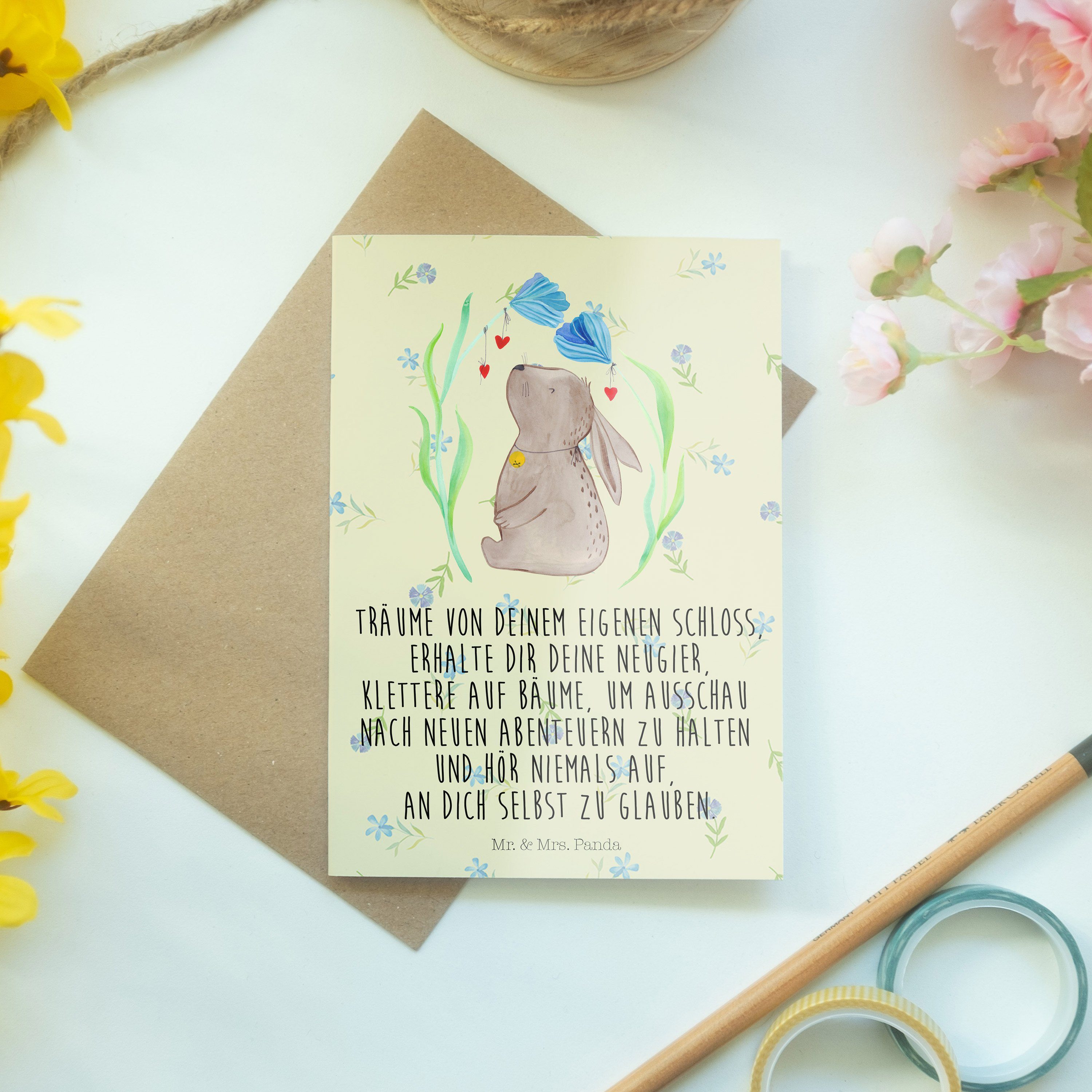 Hase Grußkarte Mr. - Geburtstagskarte, Blumig Geschenk, & Blume Mrs. - Karte Osterdeko, Panda