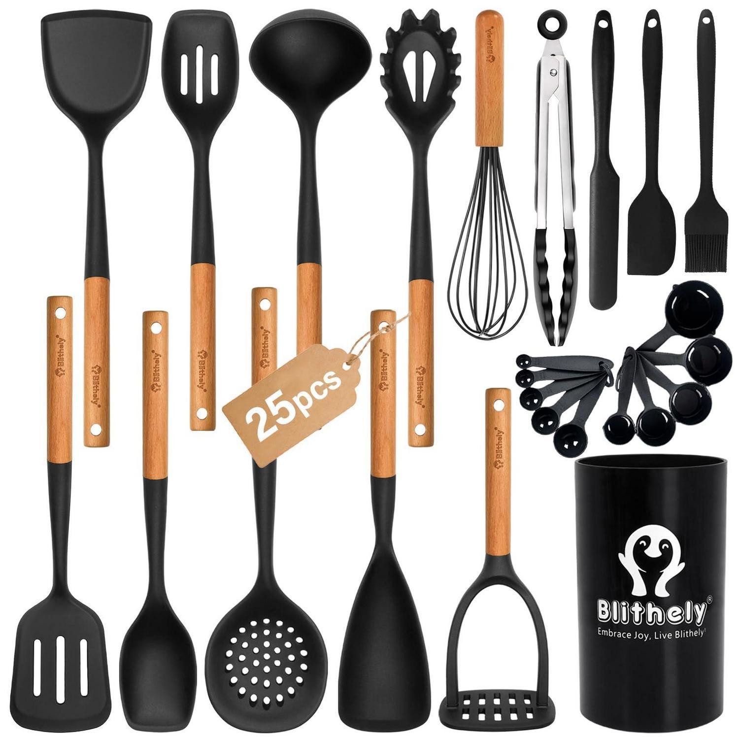 LuxusKollektion Küchenspachtel 25-tlg Küchenutensilien-Set Silikon Holzgriff schwarz
