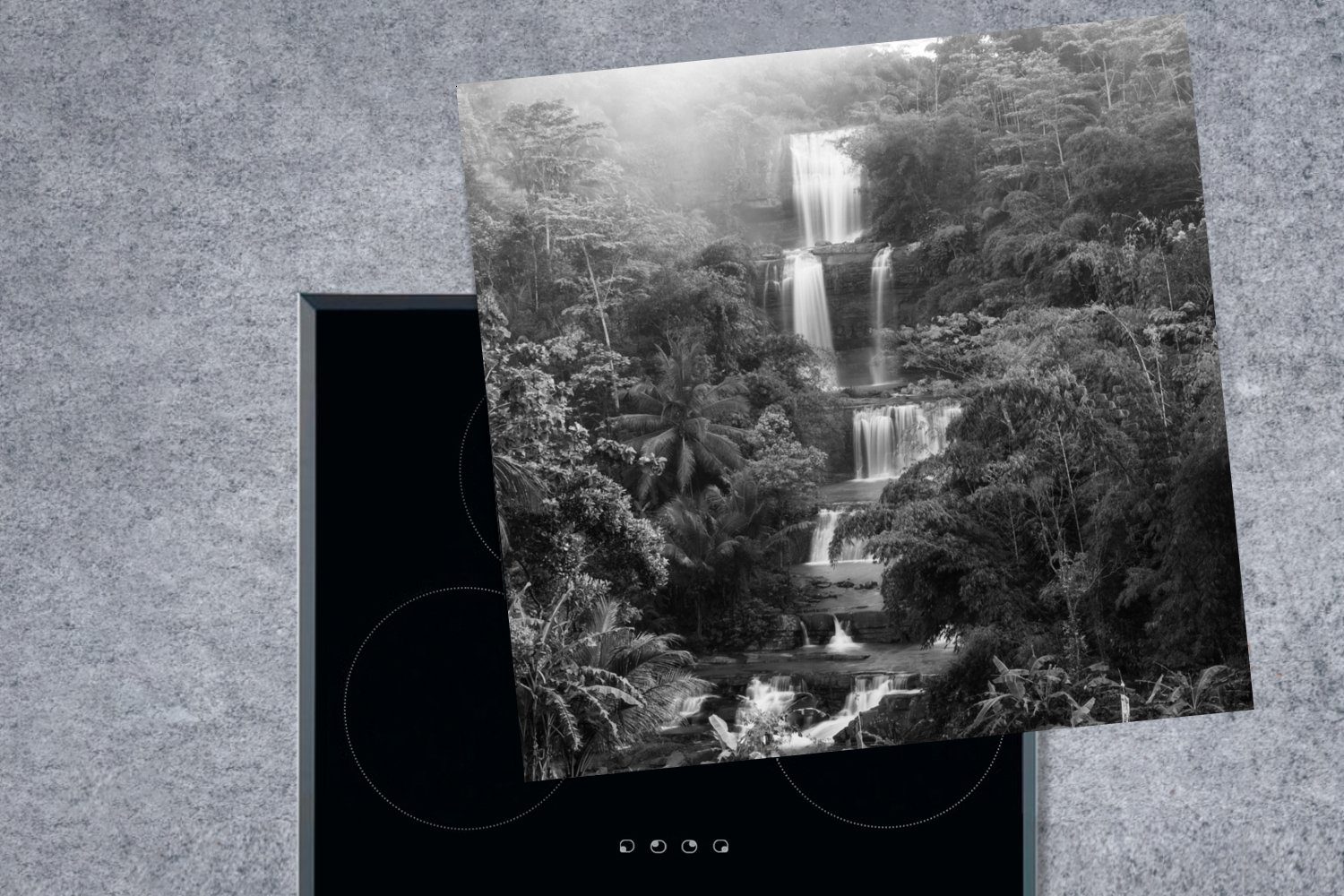 MuchoWow Herdblende-/Abdeckplatte Indonesien für Arbeitsplatte - 78x78 Ceranfeldabdeckung, tlg), Vinyl, Schwarz (1 - - Wasserfall cm, Weiß, küche