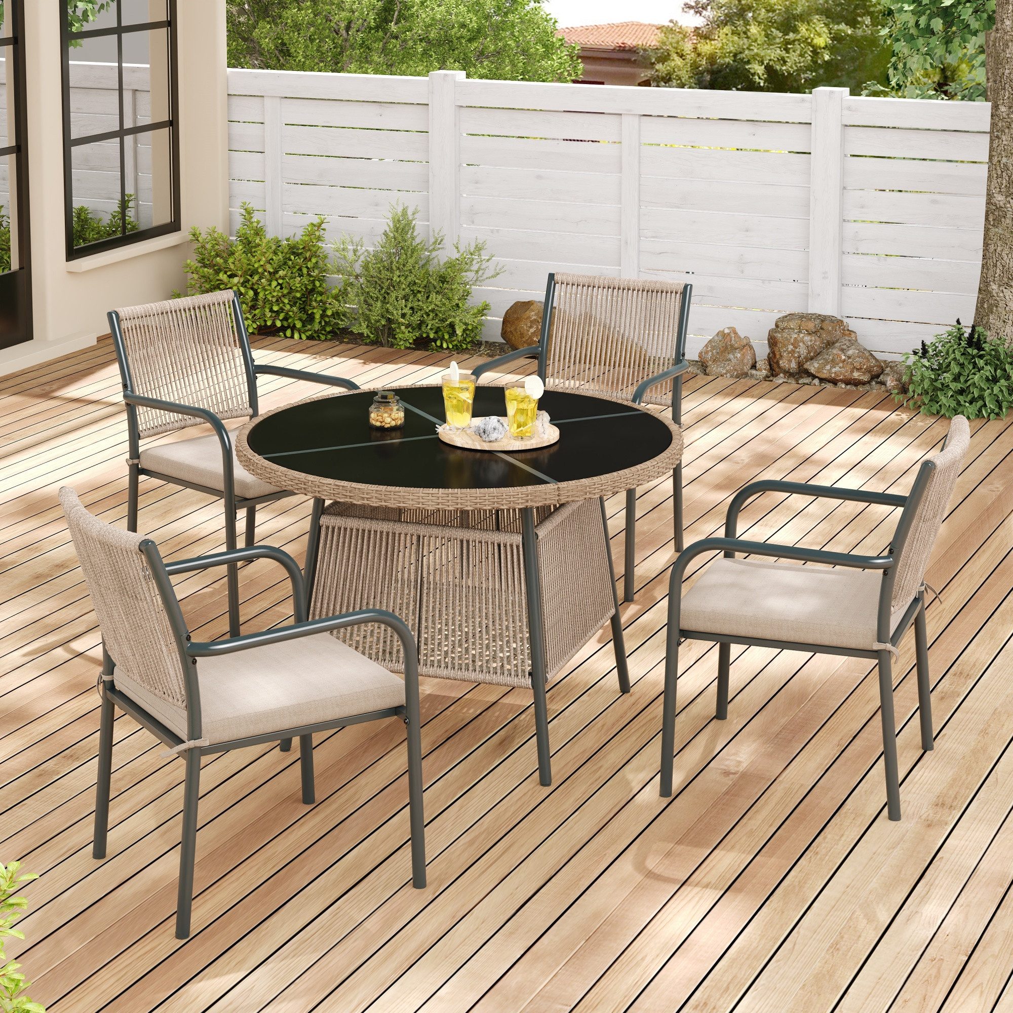 Odikalo Gartenlounge-Set Gartenmöbel-Set aus Rattan, Runder Glastisch + 4 Armlehnstühle, (Eisengestell, Geeignet für Terrasse/Balkon/Deck)