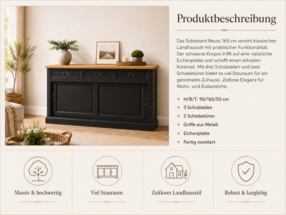Wohnpalast Sideboard Sideboard Neuss 165 cm schwarz/eiche - Anrichte Landhaus Kommode mit S