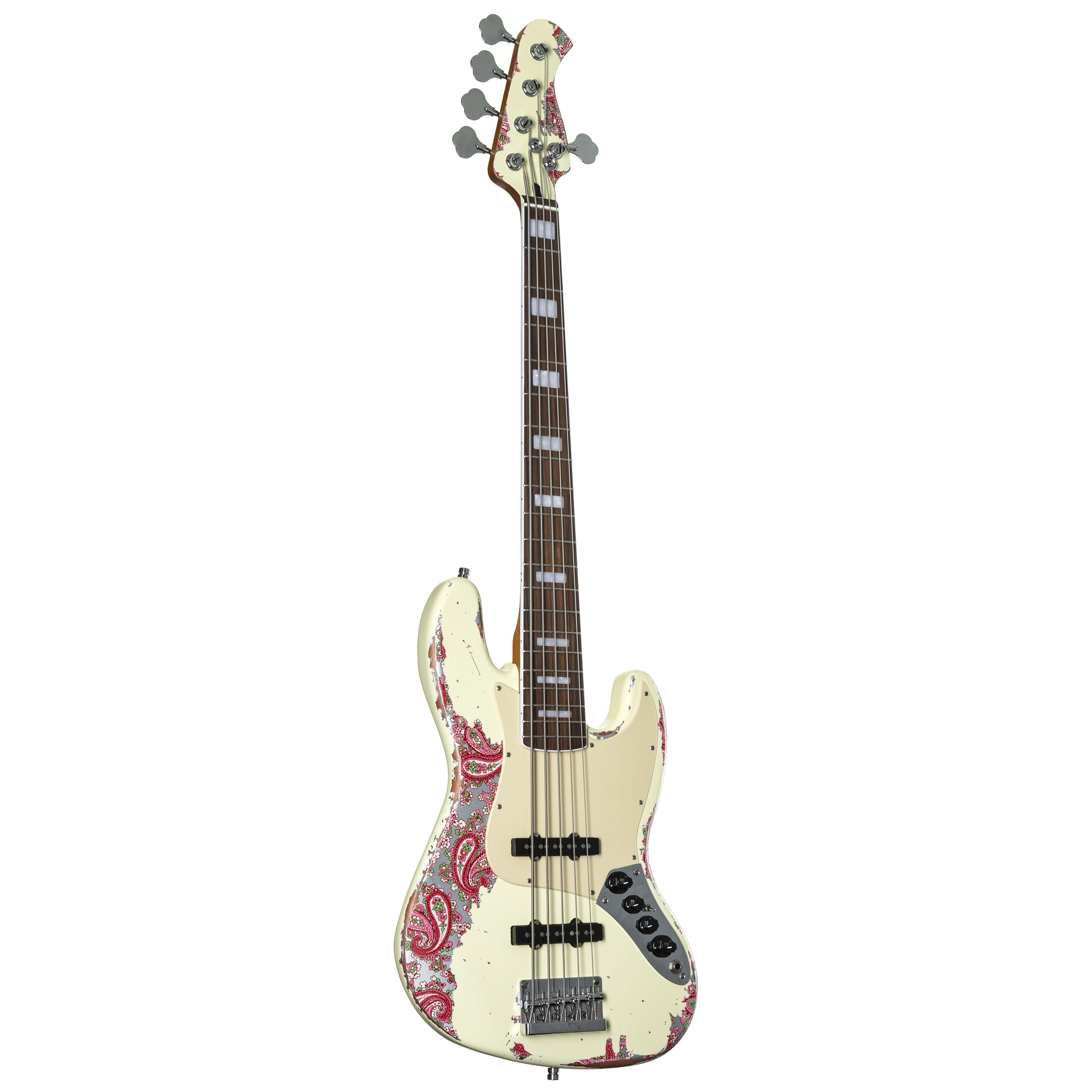 FAME E-Bass, Електричні баси, 5-Saiter Електричні баси, Custom JB 5 Worn Vintage White over Pink Paisley - E-Bass