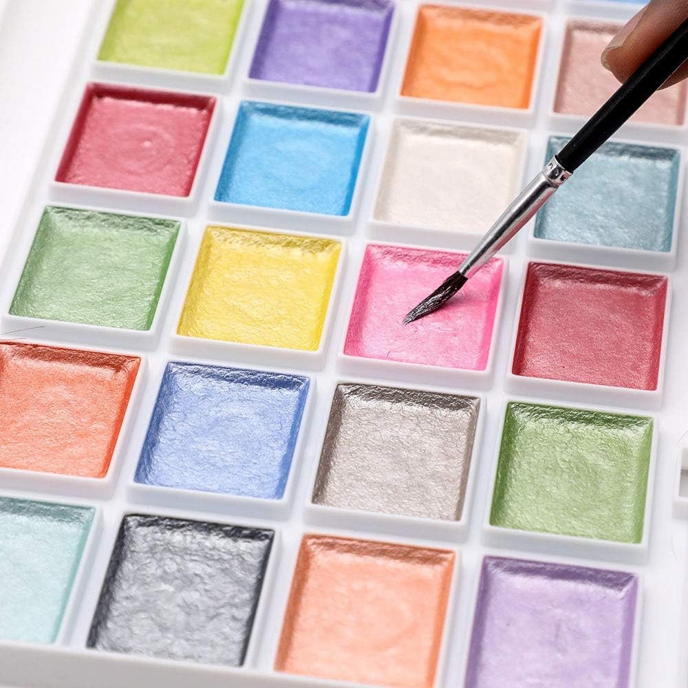 Artecho Aquarellfarbe Wasserfarben Künstler Set, 28 Perlglanz-Metallic Farben mit Pinsel, Schimmernde Wasserfarben für Künstler, Hobbymaler & Einsteiger
