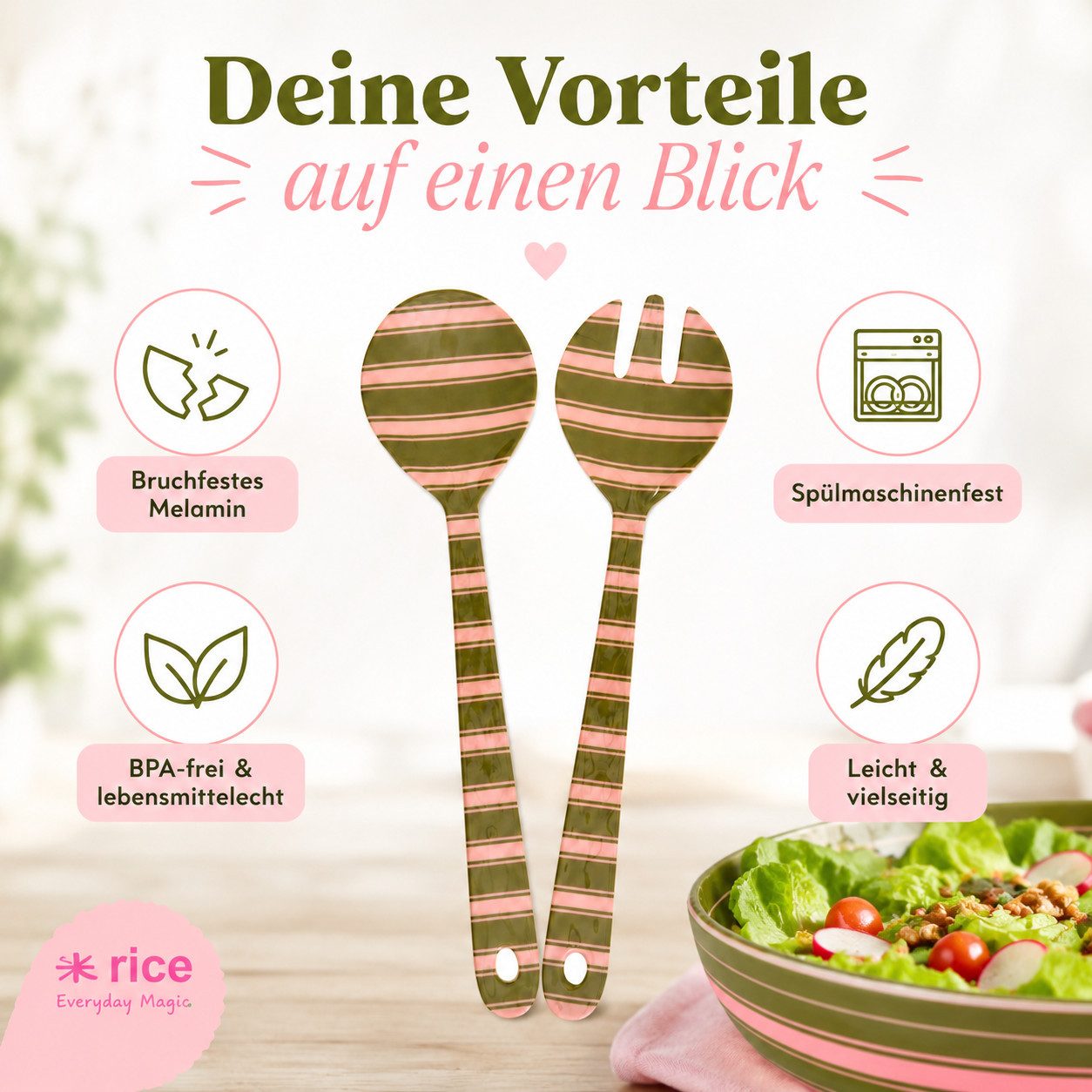 rice Salatbesteck RICE Salatbesteck Melamin Streifen grün/rosa, 2-tlg. (2-tlg)