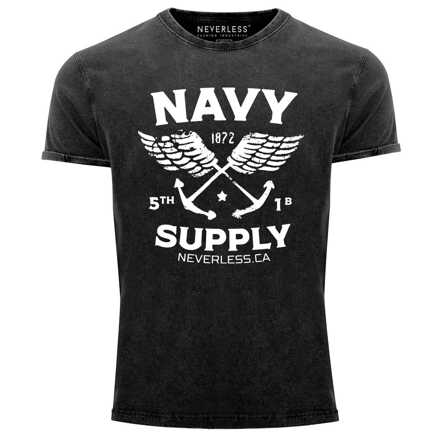 Neverless Print-Shirt Neverless® Herren T-Shirt Vintage Shirt Printshirt Anker Navy Supply Used Look Slim Fit mit Print schwarz