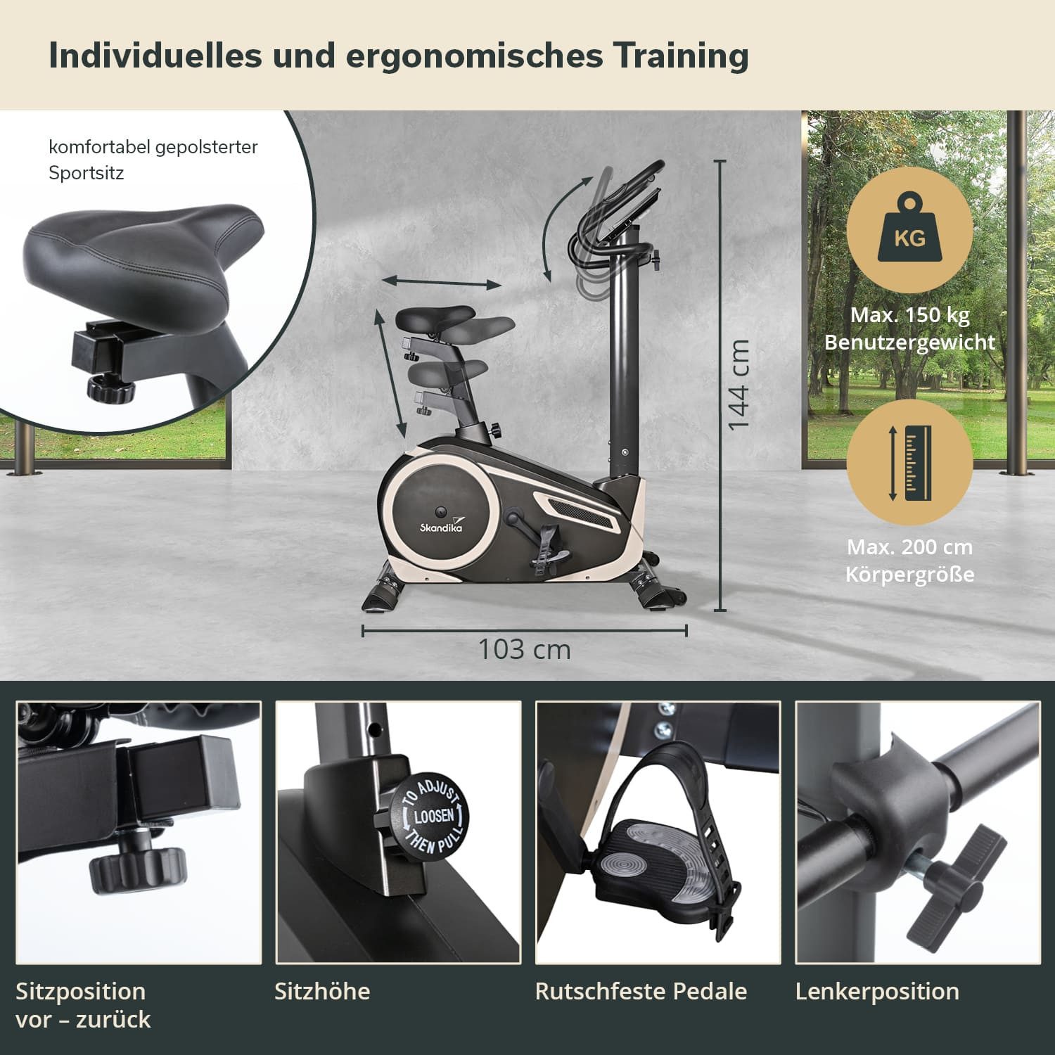 Skandika Heimtrainer Fahrrad Morpheus, Ergometer für Zuhause, Fitnessbike bis 150 kg (Bluetooth, Tablet-/Smartphone-Halterung, Transportrollen), 12kg Schwungmas – Bild 3 von 5