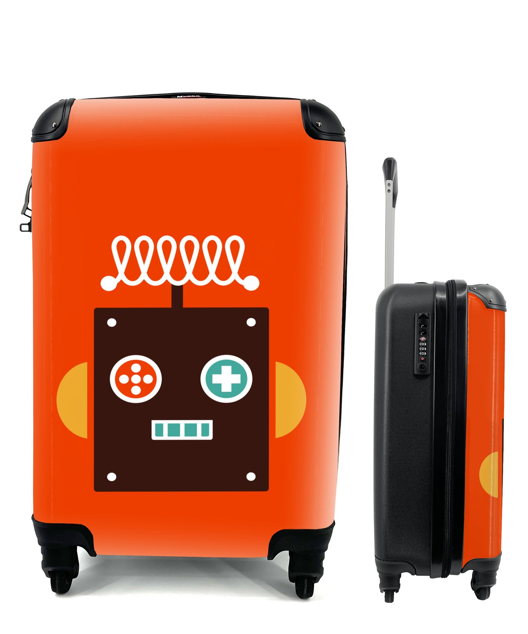 MuchoWow Handgepäckkoffer Roboter - Formen - Gesicht - Orange - Jungen - Kinder, 4 Rollen, Reisetasche mit rollen, Handgepäck für Ferien, Trolley, Reisekoffer
