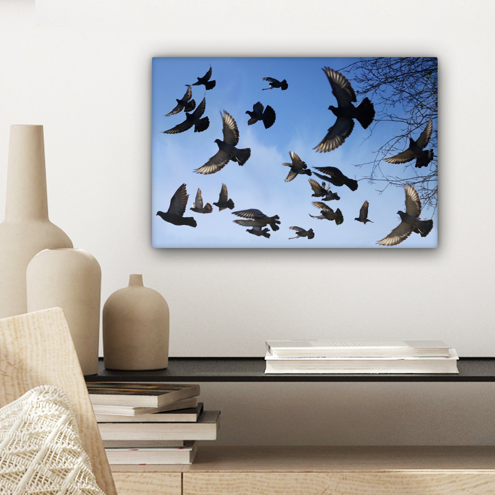 Wandbild - Himmel, (1 Aufhängefertig, St), 30x20 Tauben Leinwandbild - Wanddeko, OneMillionCanvasses® Leinwandbilder, Blau cm