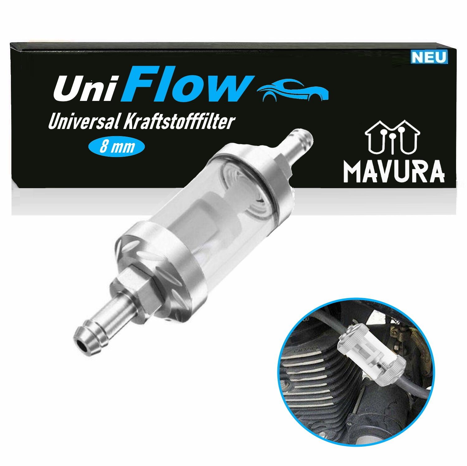 MAVURA Kraftstoff-Filterkopf UniFlow Universal Kraftstofffilter Kraftstoff Filter Chrom Glas, Benzin Diesel Universalfilter KFZ Auto Motorrad Aluminium 8mm