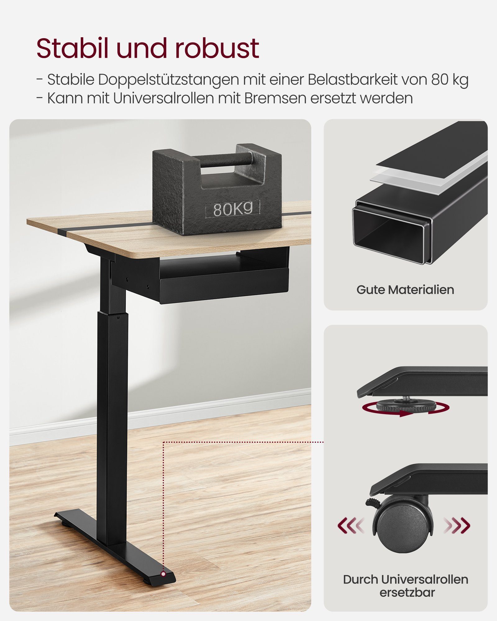 2 Greige höhenverstellbar, Mit VASAGLE Schreibtisch Höhen 4 elektrisch, Steckdose