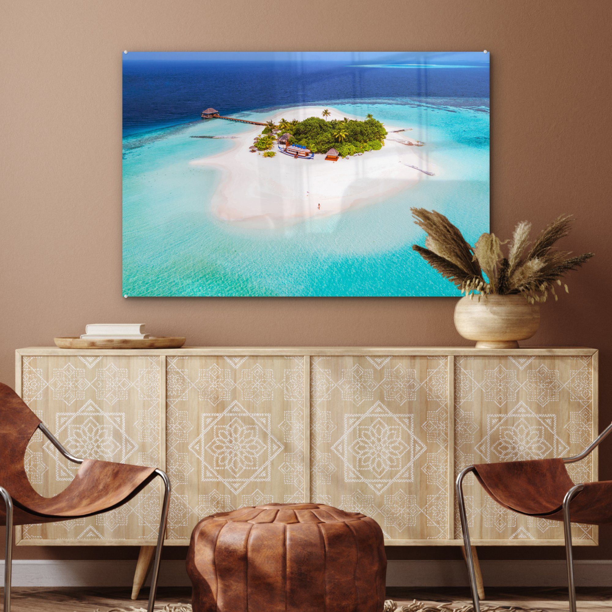der (1 auf Acrylglasbild MuchoWow Wohnzimmer Vogelperspektive, Tropische den Malediven Insel Schlafzimmer aus Acrylglasbilder St), &