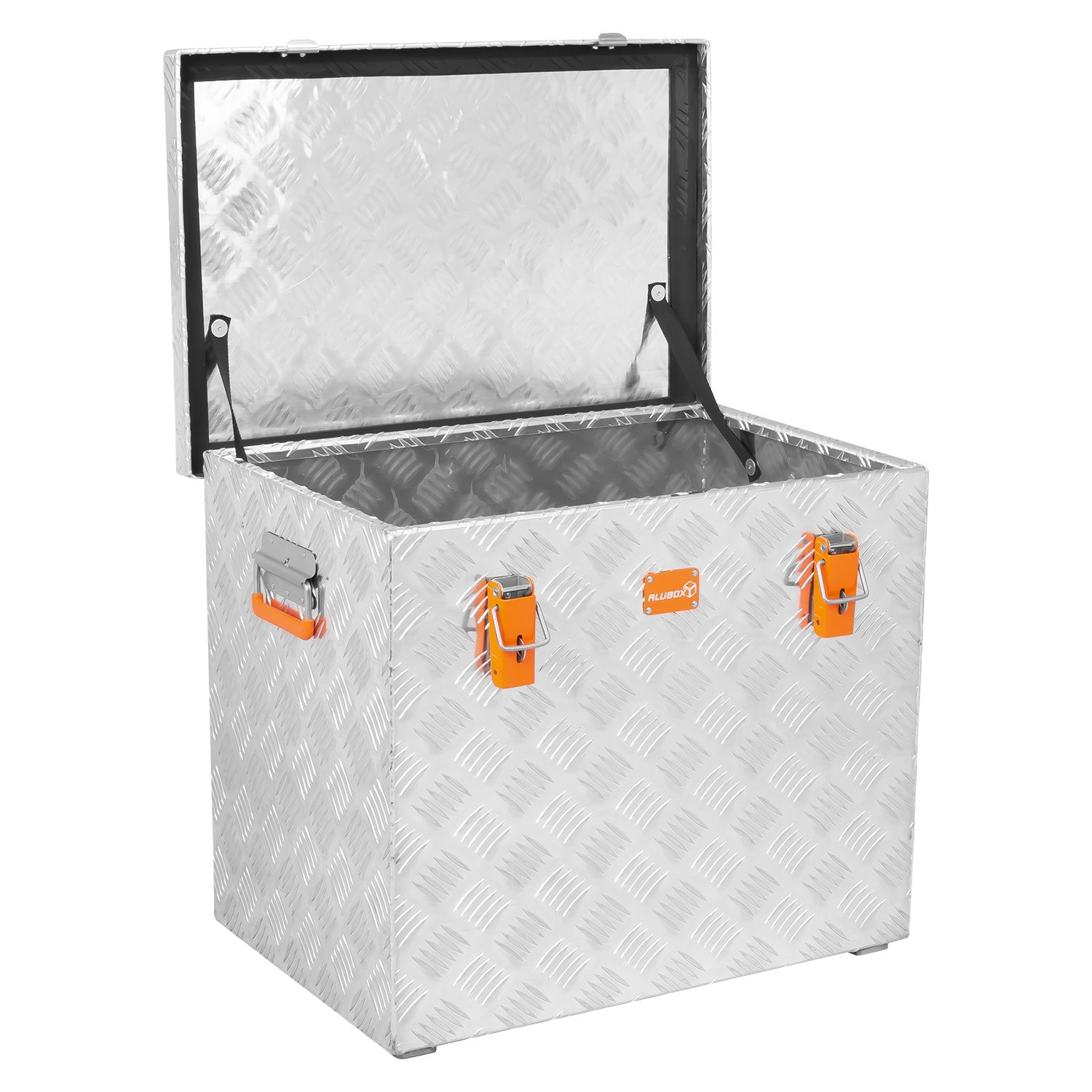 ALUBOX Aufbewahrungsbox aus Aluminiumriffelblech massive Transportkiste (120 Liter), Fangbänder & Gasdruckdämpfer im Deckel