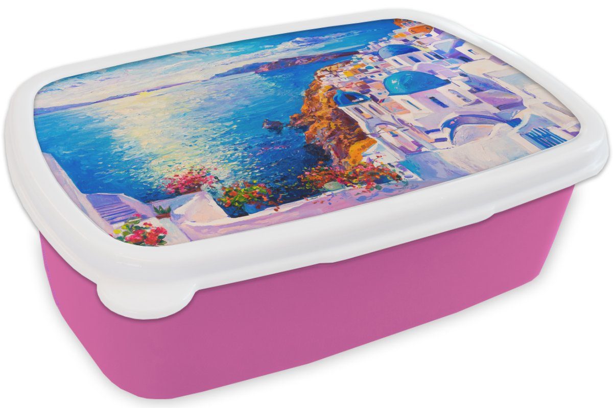 Kunststoff, Erwachsene, - - Brotbox rosa Lunchbox Kinder, MuchoWow (2-tlg), Snackbox, Wasser für Kunststoff Brotdose Mädchen, Malerei Griechenland Öl, -