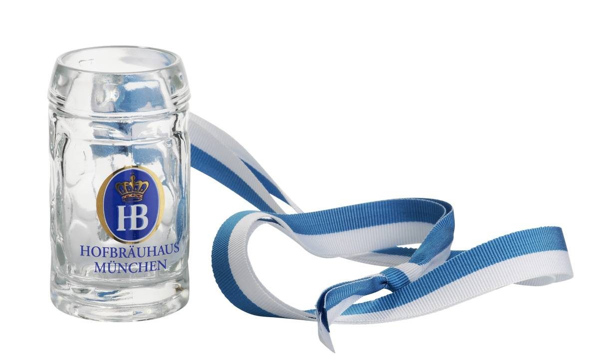 Hofbräuhaus München Schnapsglas Mini-Maßkrug, Glas, am weiß-blauen Band