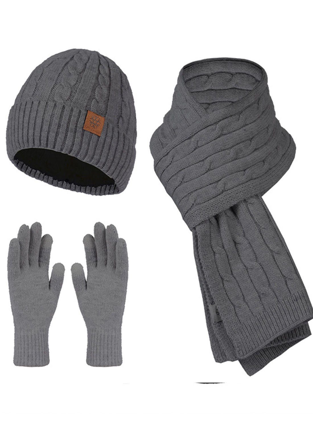 FIDDY Strickmütze Mütze, Schal und Handschuhe gestricktes dreiteiliges Set,  (3-St) Herbst und Winter verdickter warmer Strickanzug für Männer und Frauen